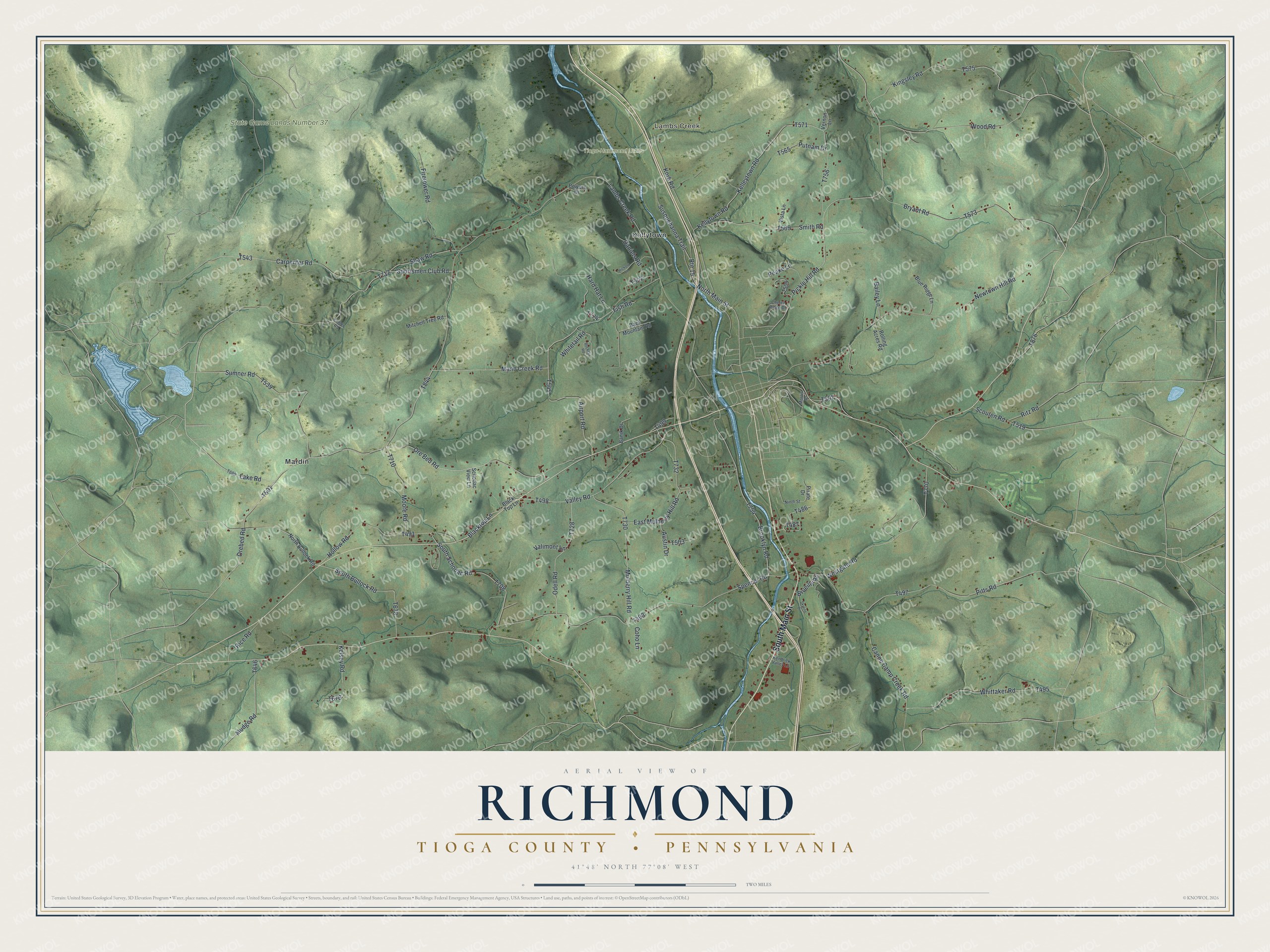 Full map of Richmond, Tioga County, Pennsylvania, with red buildings, printed street names and the land around them