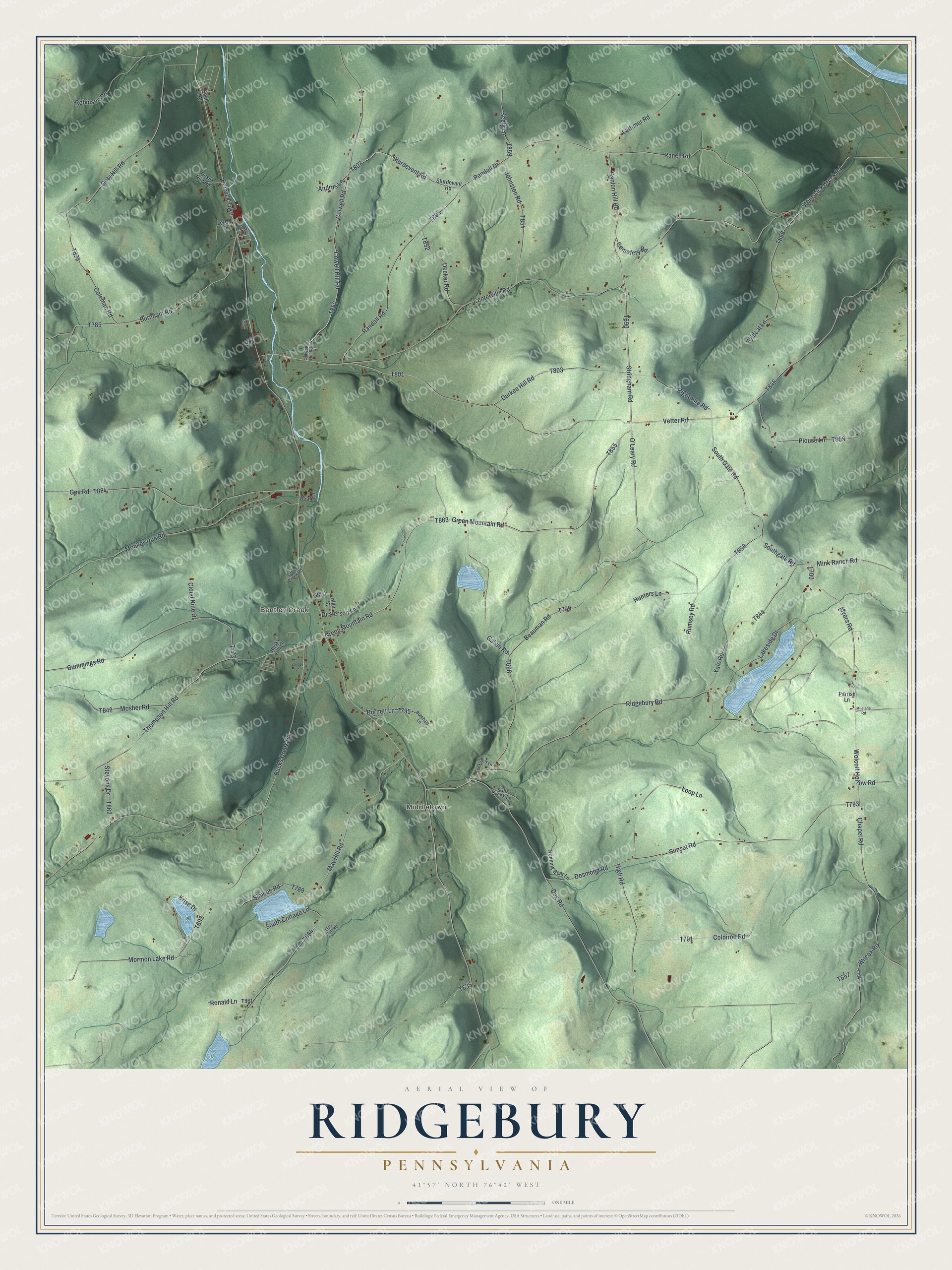 Full map of Ridgebury, Pennsylvania, with red buildings, printed street names and the land around them