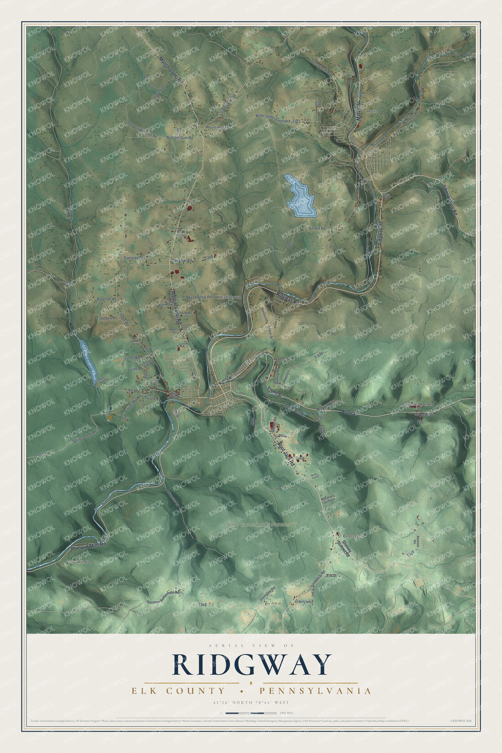 Full map of Ridgway Township, Pennsylvania, with red buildings, printed street names and the land around them