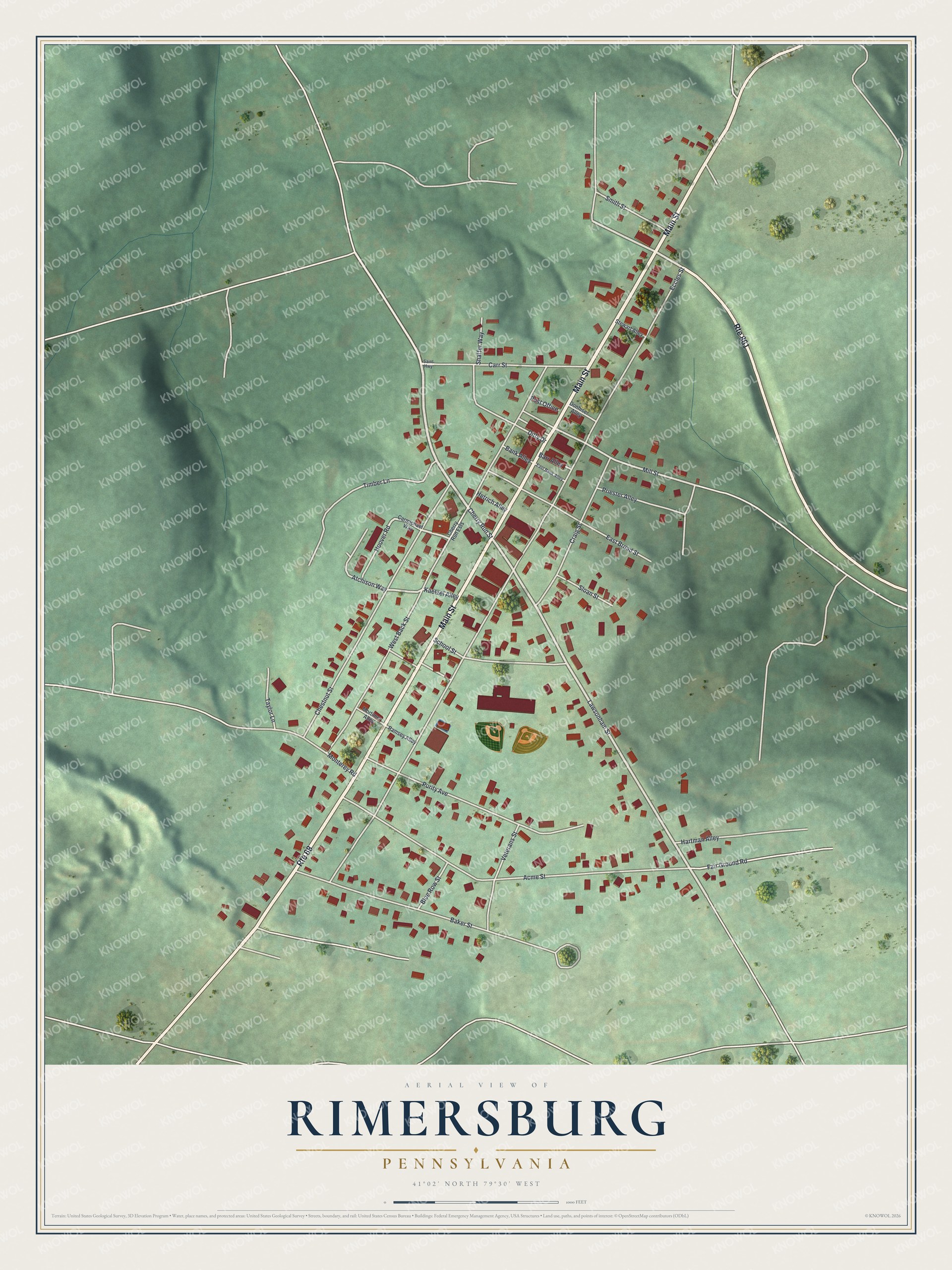 Full map of Rimersburg, Pennsylvania, with red buildings, printed street names and the land around them