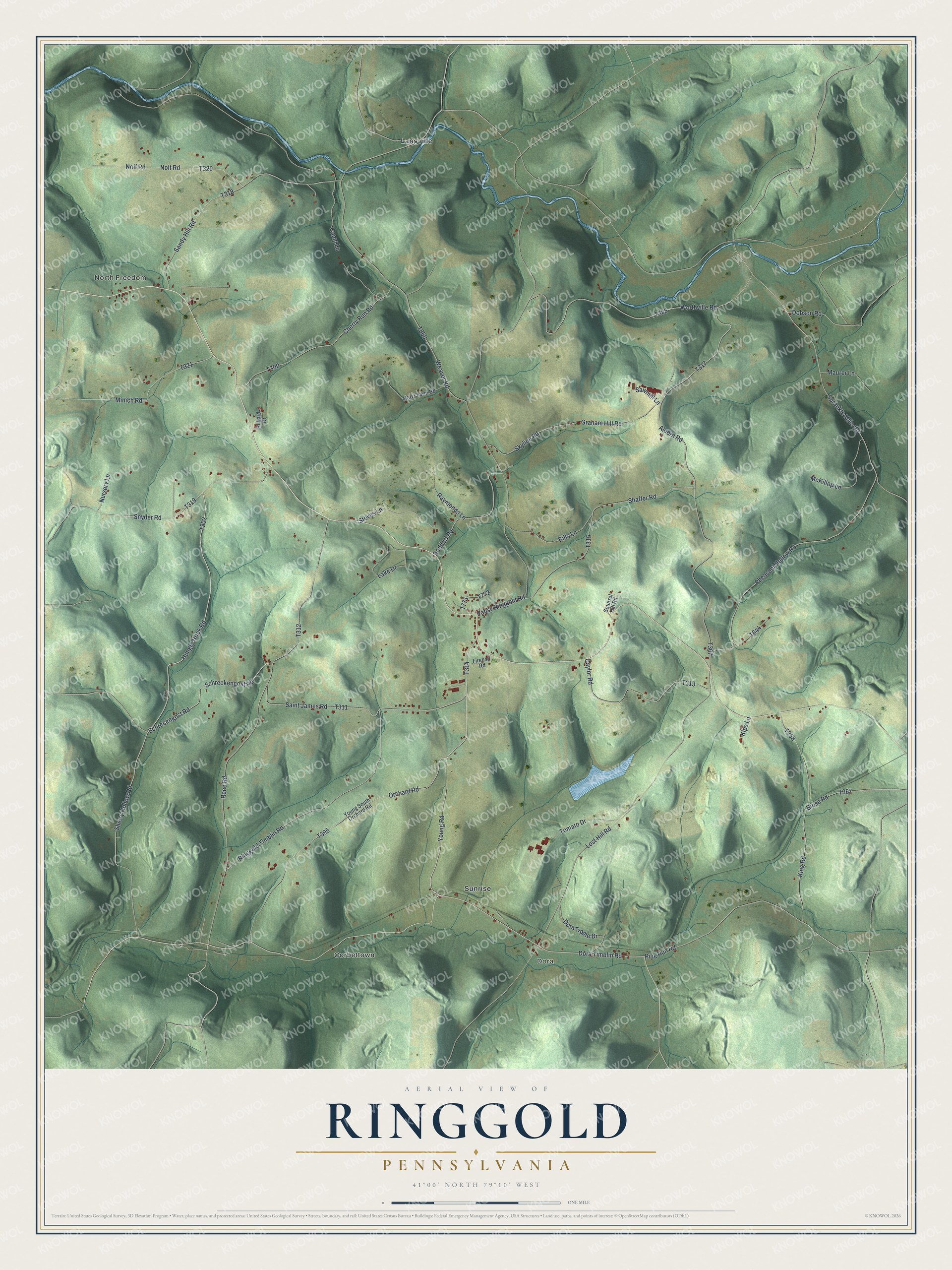 Full map of Ringgold, Pennsylvania, with red buildings, printed street names and the land around them