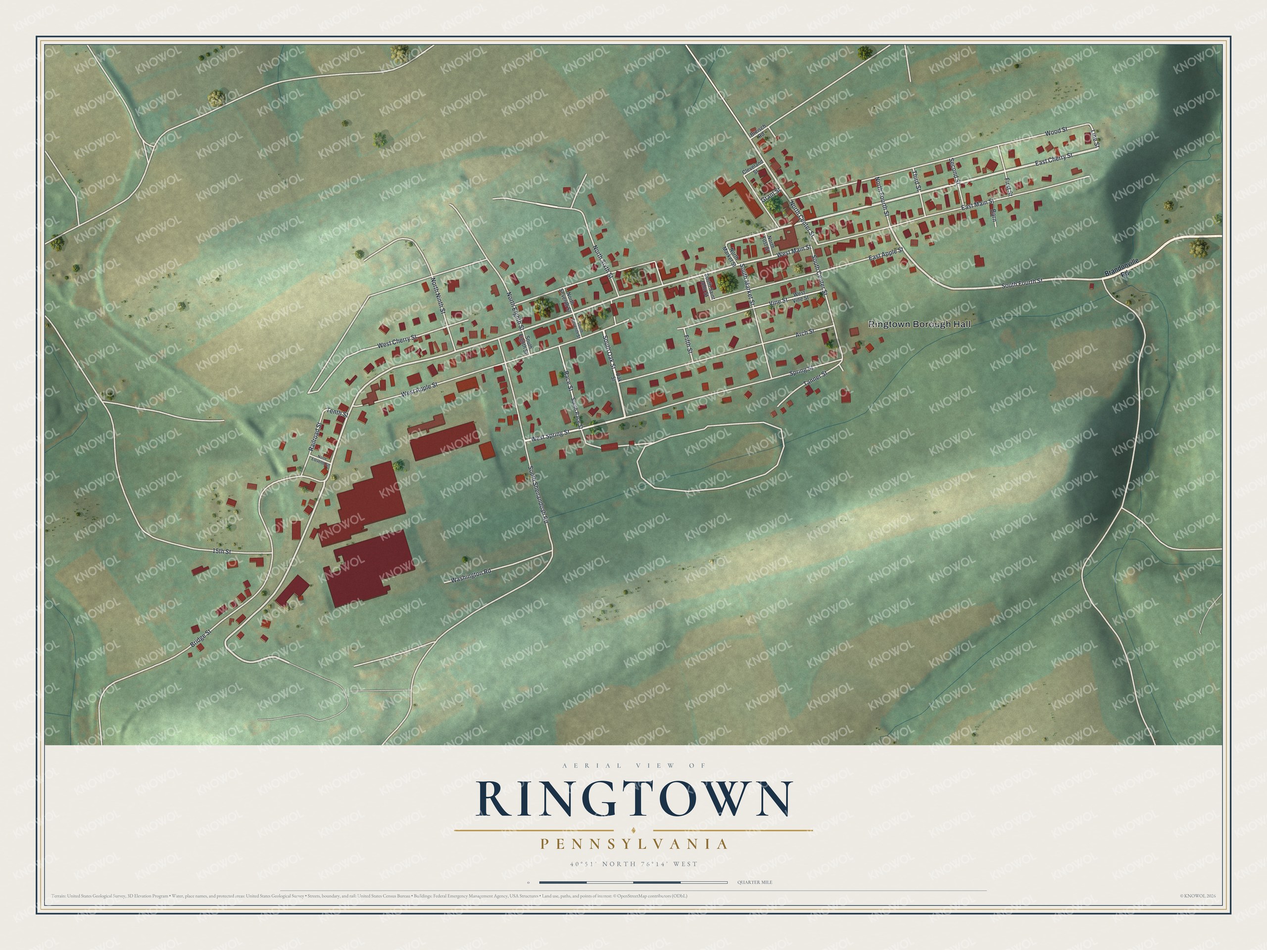 Full map of Ringtown, Pennsylvania, with red buildings, printed street names and the land around them