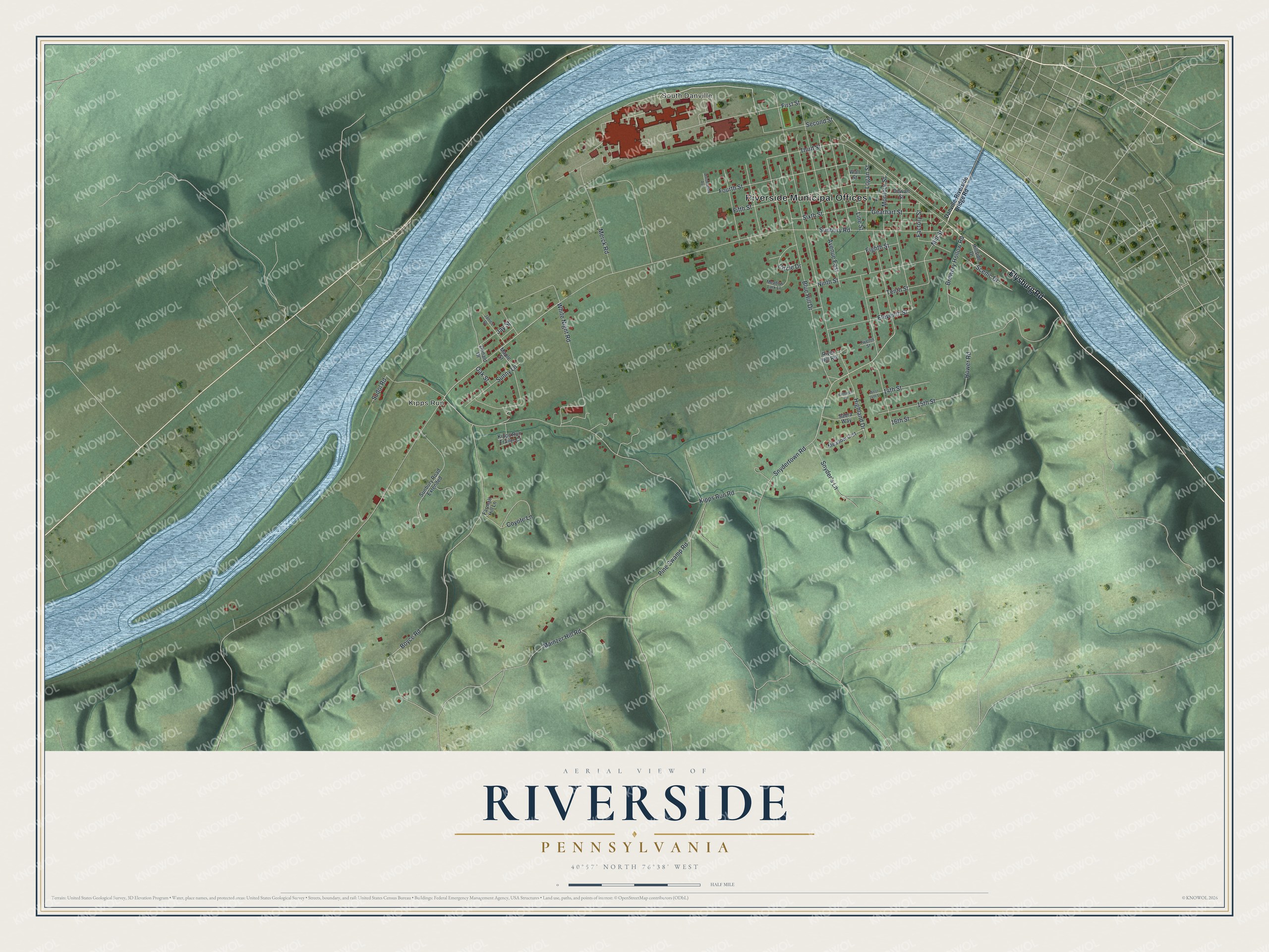Full map of Riverside, Pennsylvania, with red buildings, printed street names and the land around them