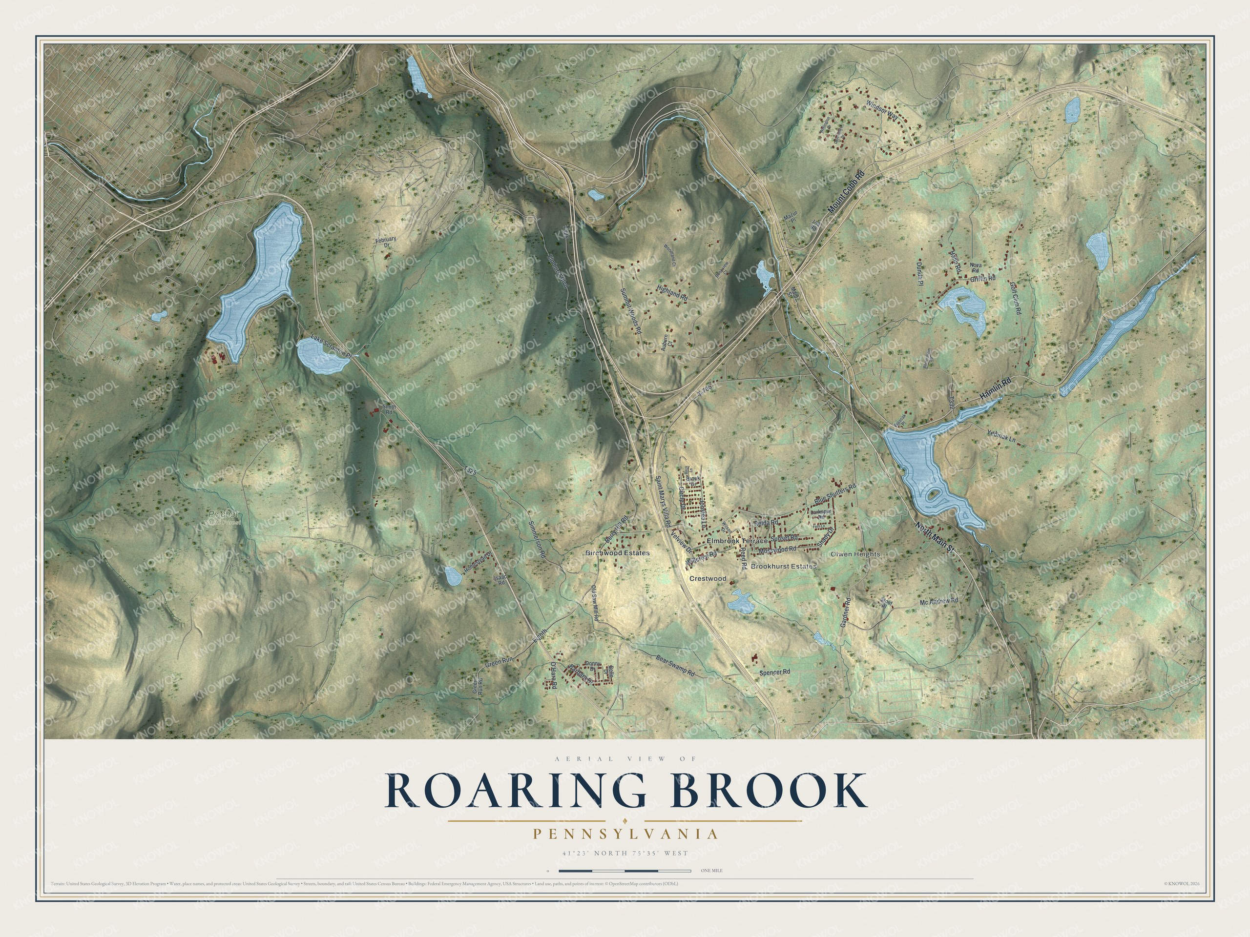 Full map of Roaring Brook, Pennsylvania, with red buildings, printed street names and the land around them