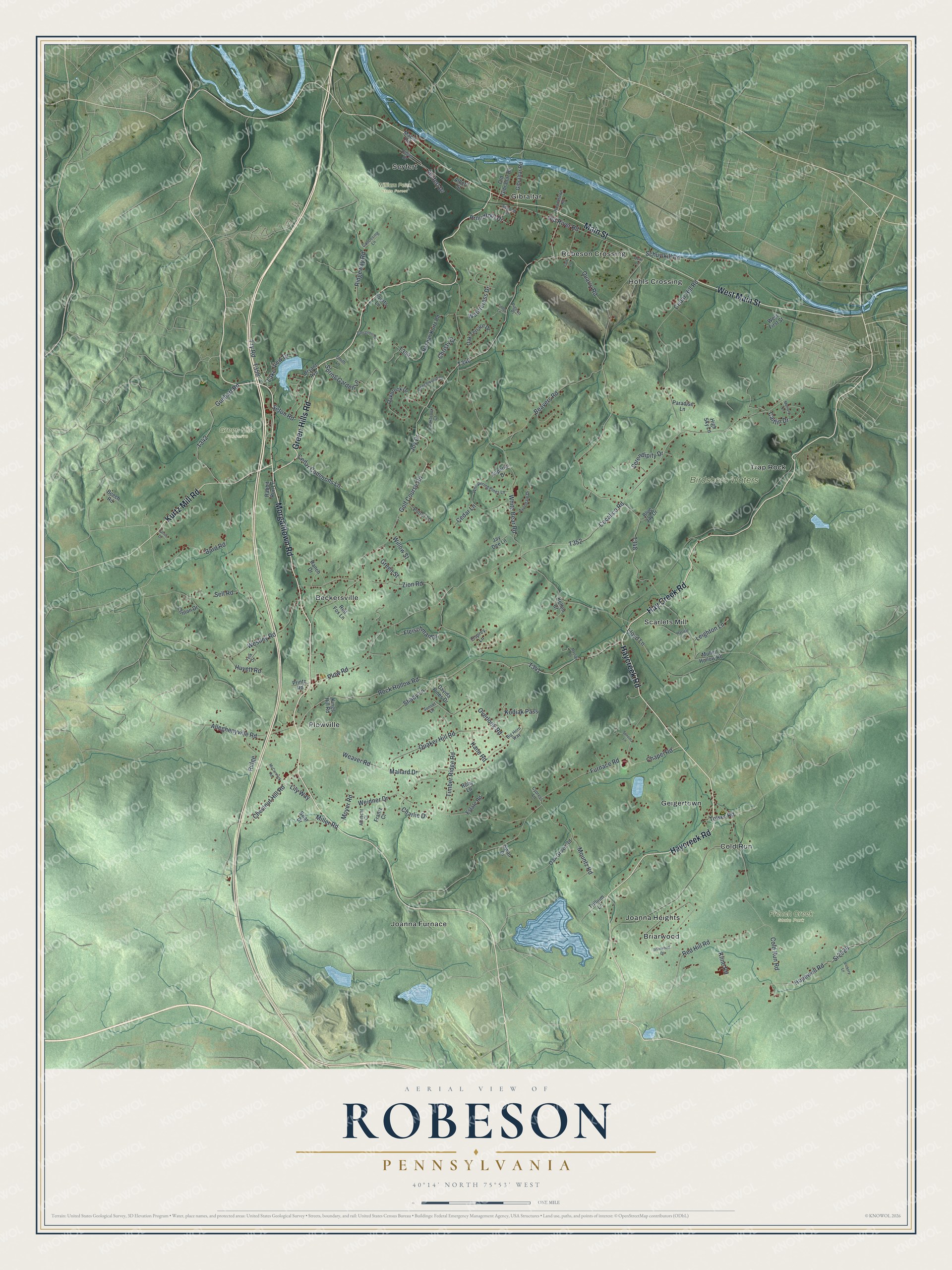 Full map of Robeson, Pennsylvania, with red buildings, printed street names and the land around them