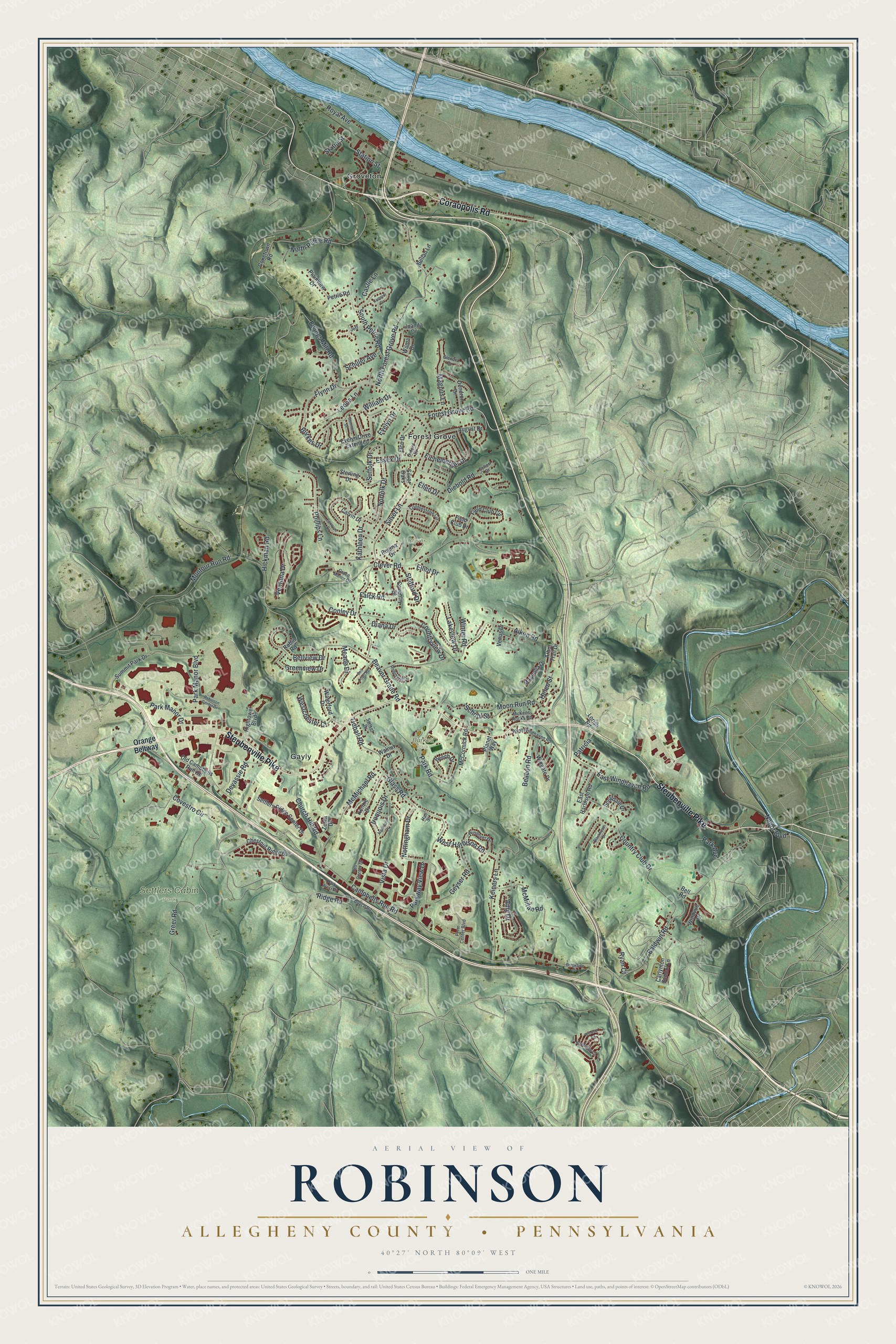 Full map of Robinson, Allegheny County, Pennsylvania, with red buildings, printed street names and the land around them