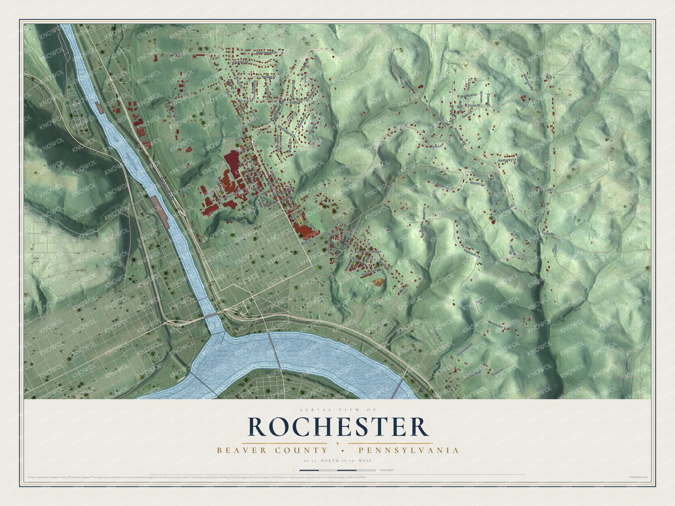 Full map of Rochester Township, Pennsylvania, with red buildings, printed street names and the land around them