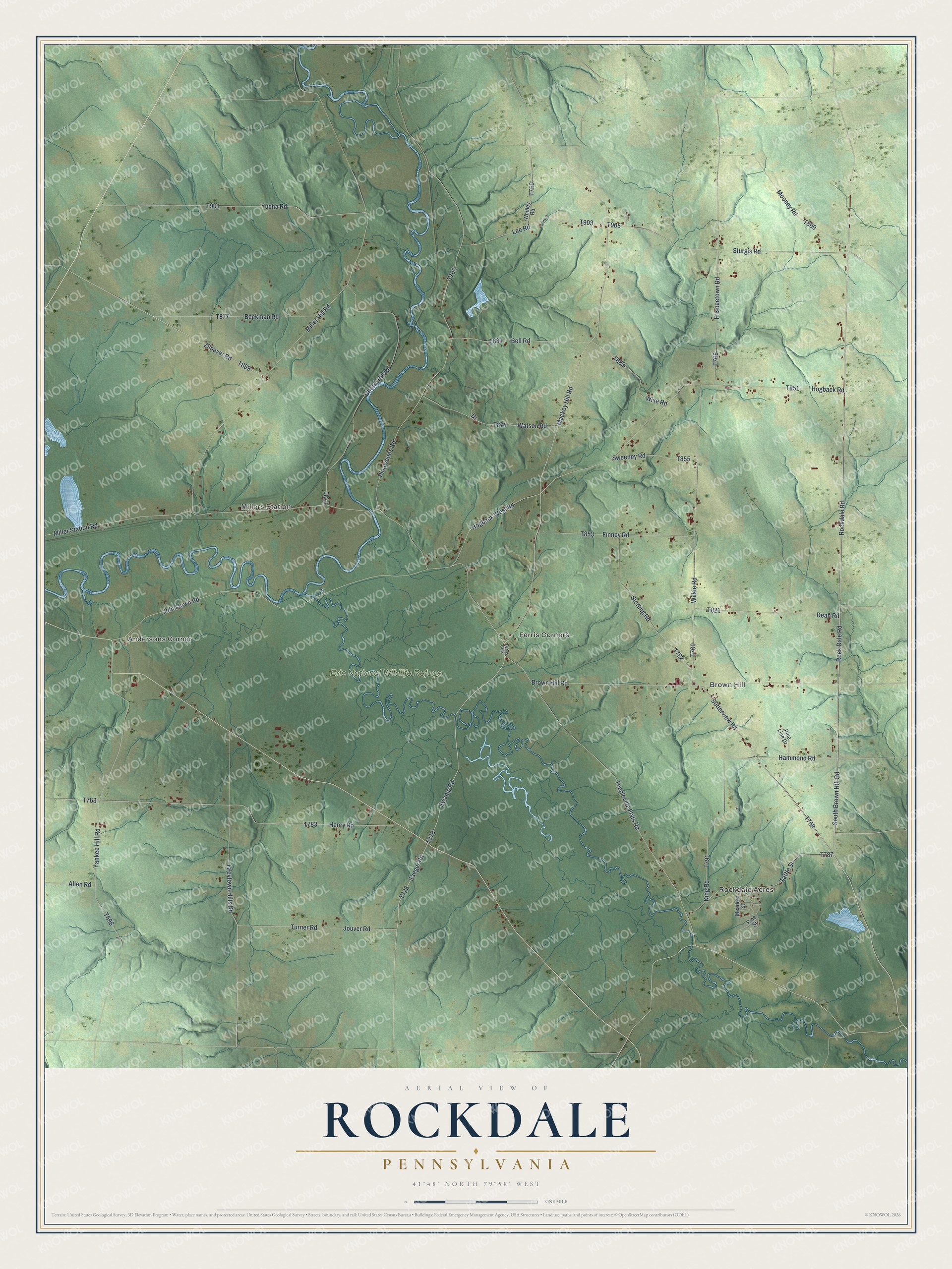 Full map of Rockdale, Pennsylvania, with red buildings, printed street names and the land around them