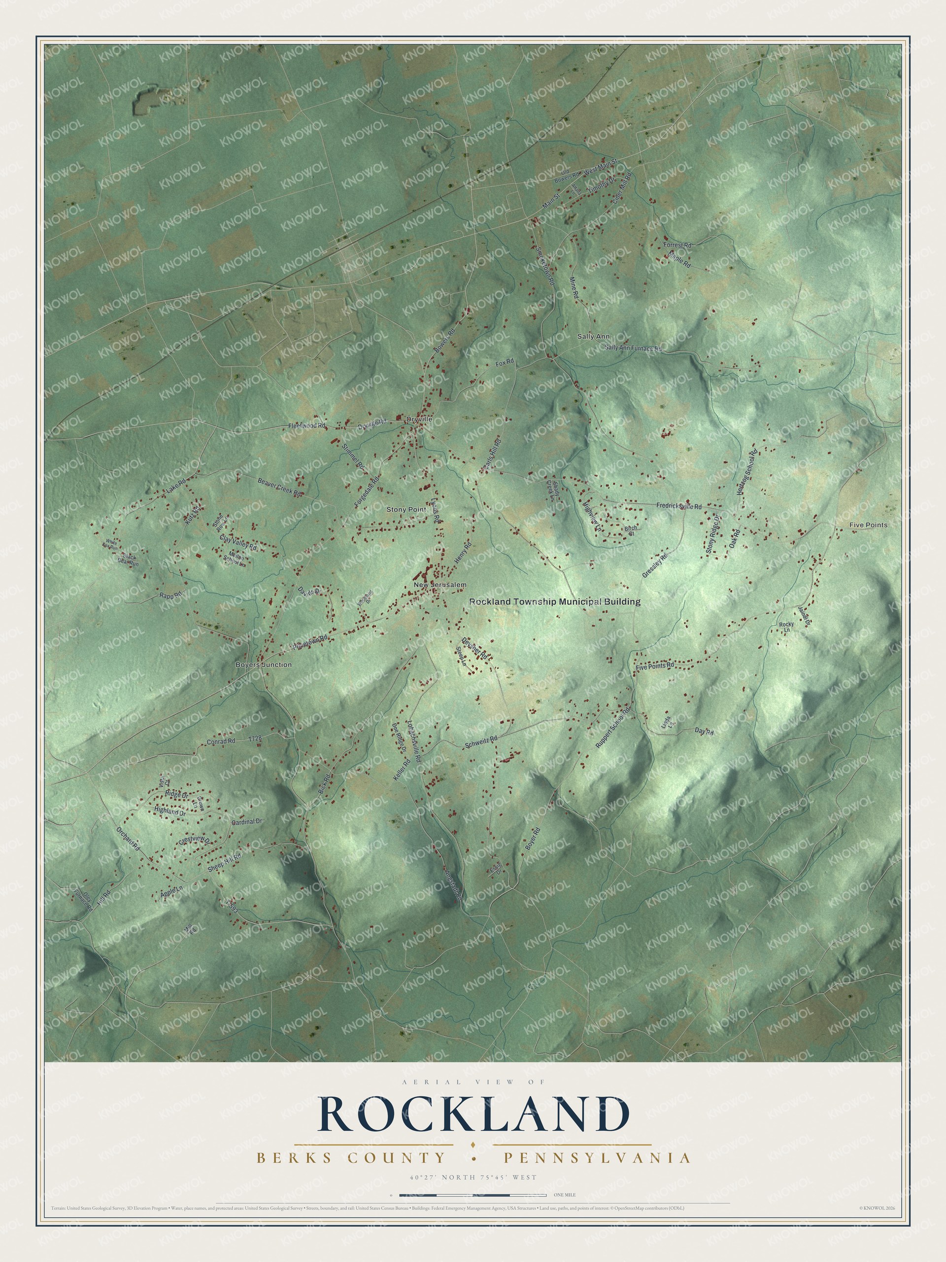 Full map of Rockland, Berks County, Pennsylvania, with red buildings, printed street names and the land around them