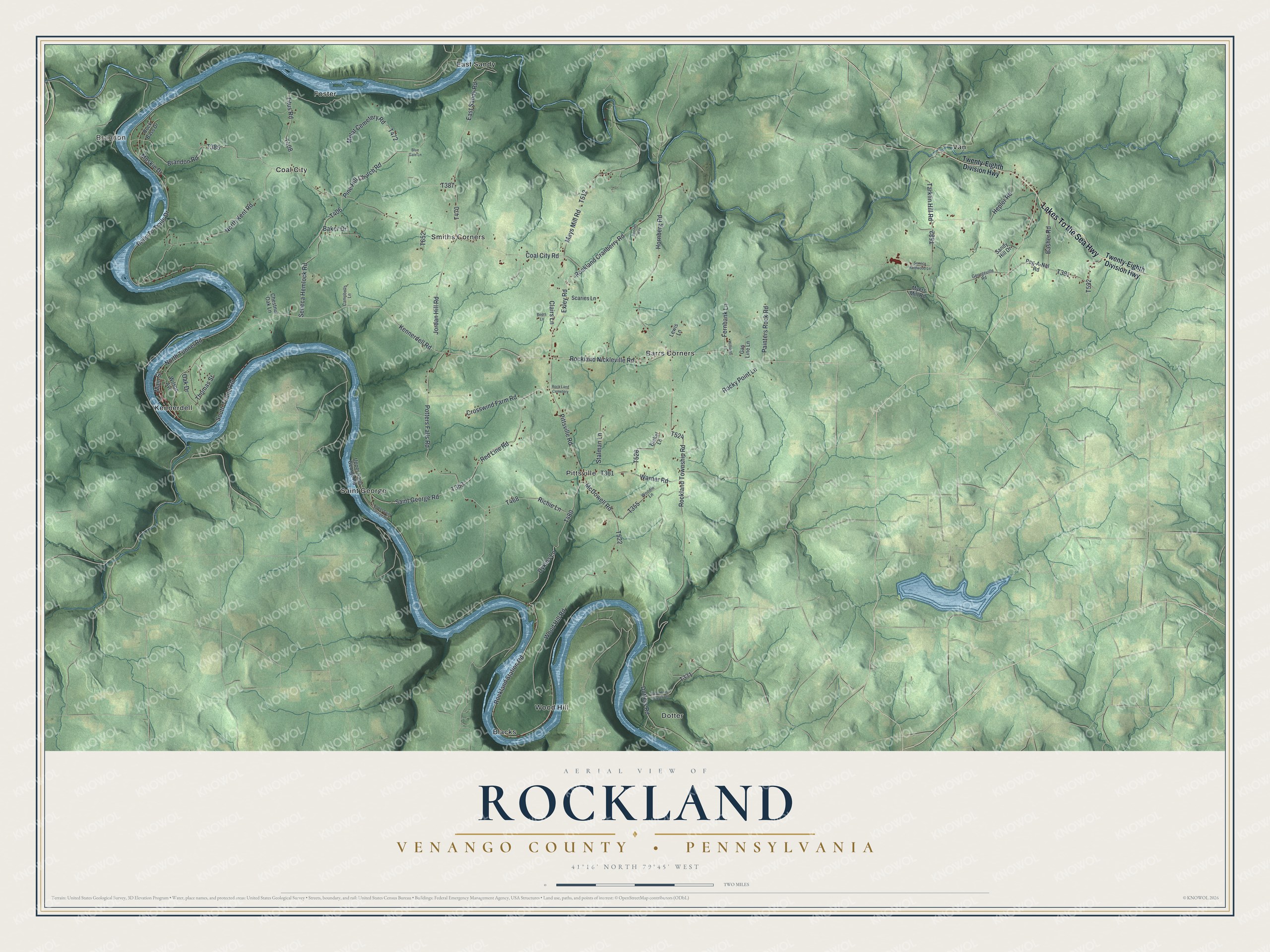 Full map of Rockland, Venango County, Pennsylvania, with red buildings, printed street names and the land around them
