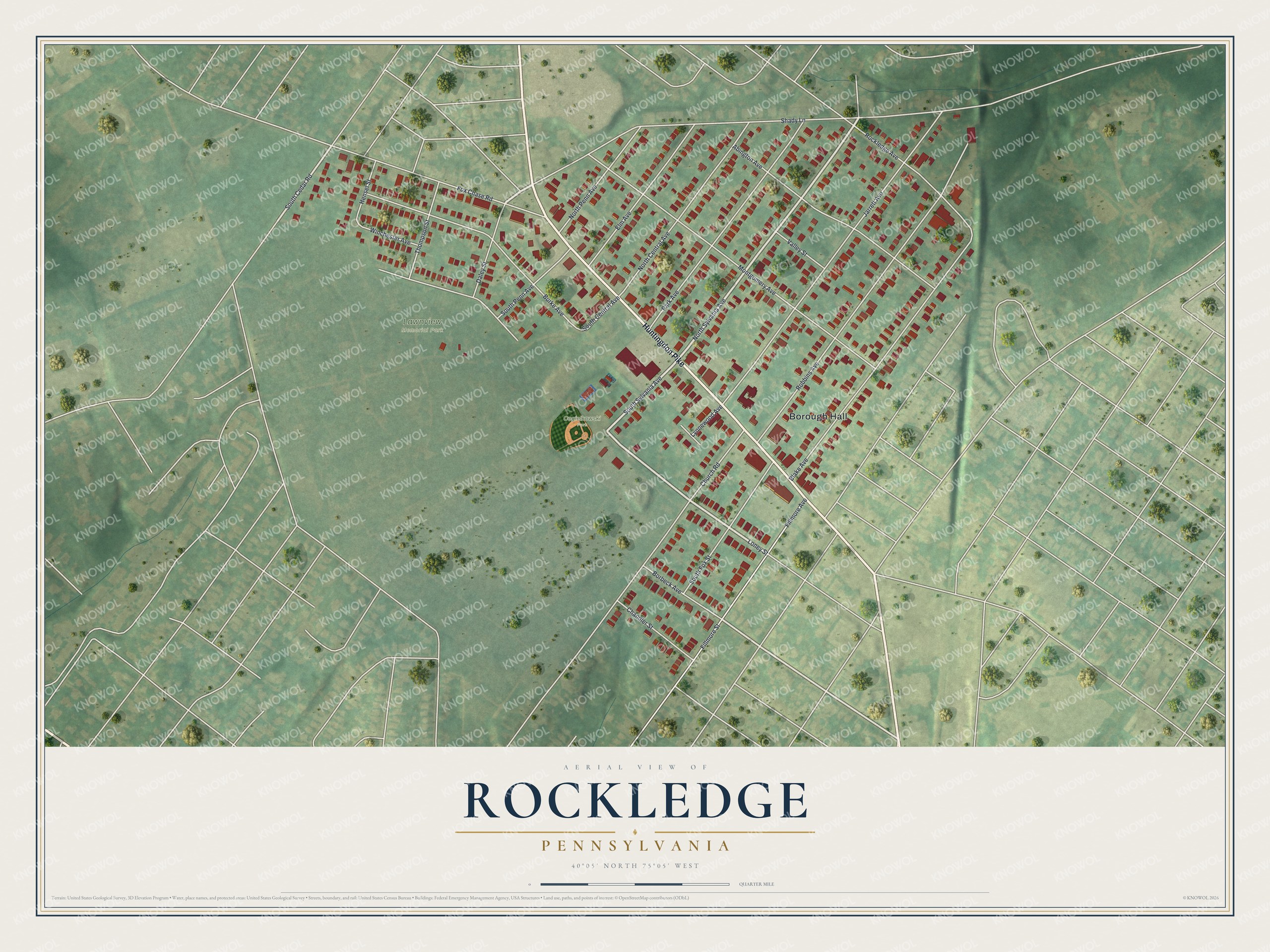 Full map of Rockledge, Pennsylvania, with red buildings, printed street names and the land around them