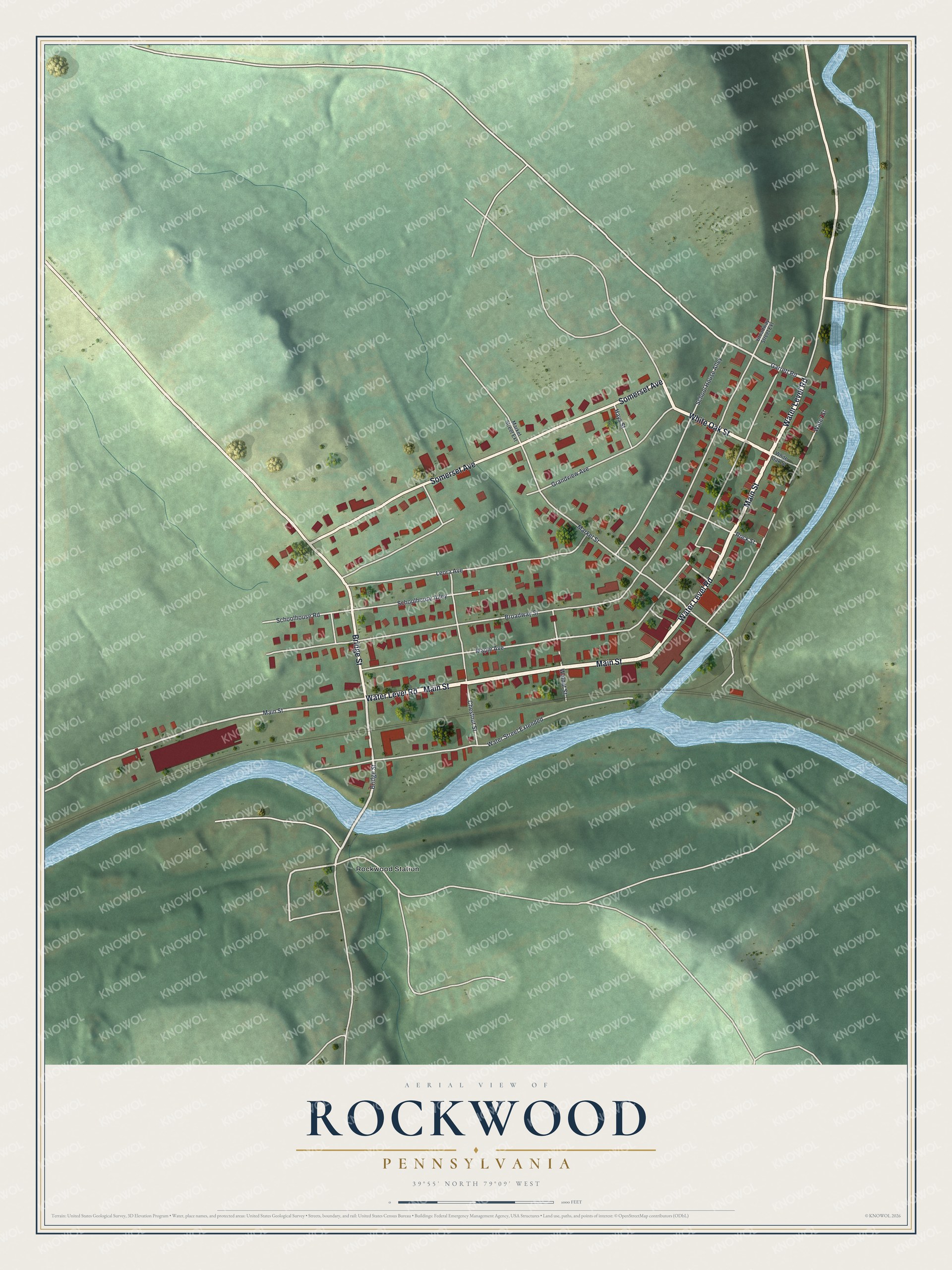 Full map of Rockwood, Pennsylvania, with red buildings, printed street names and the land around them