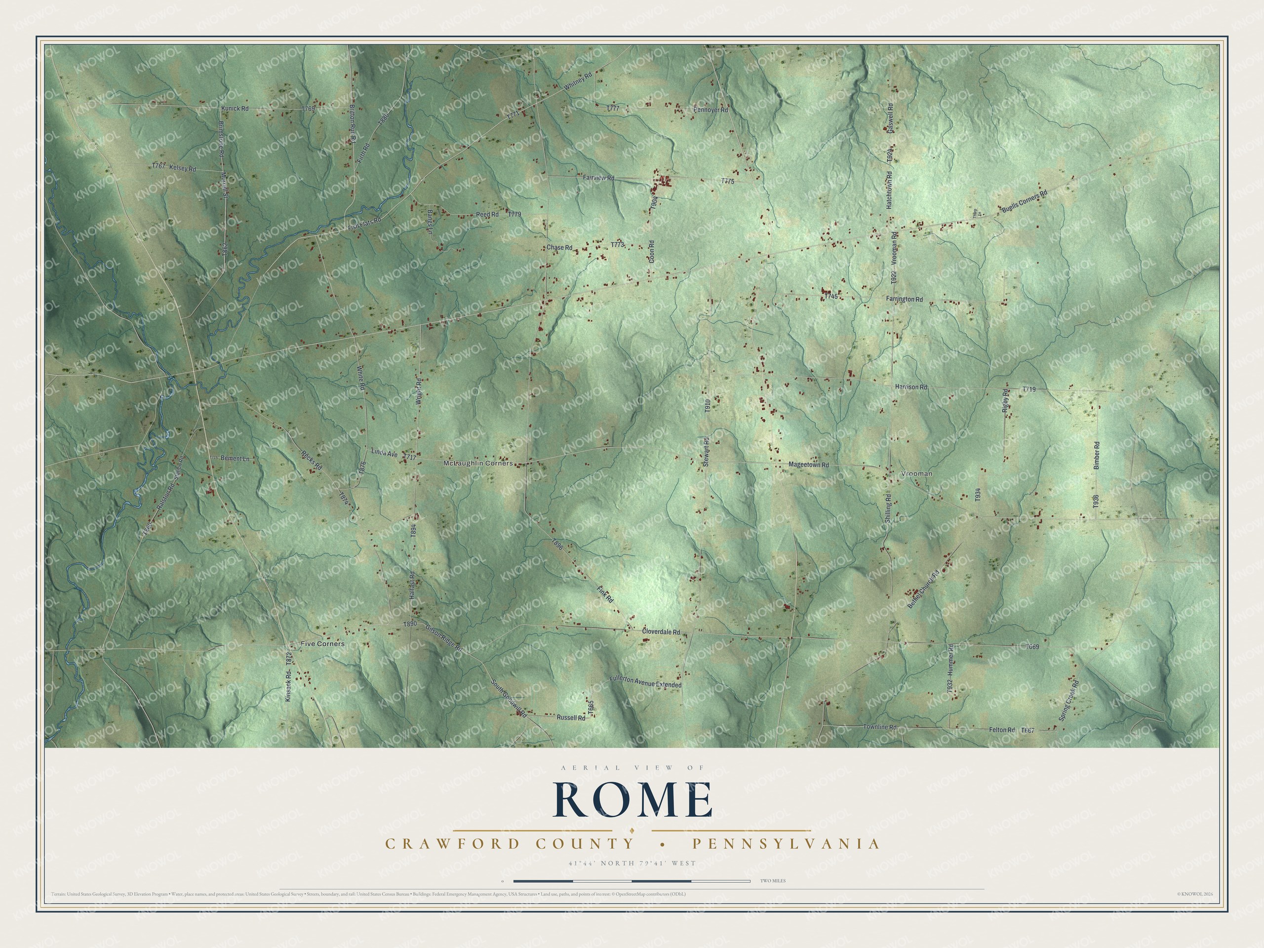 Full map of Rome, Crawford County, Pennsylvania, with red buildings, printed street names and the land around them