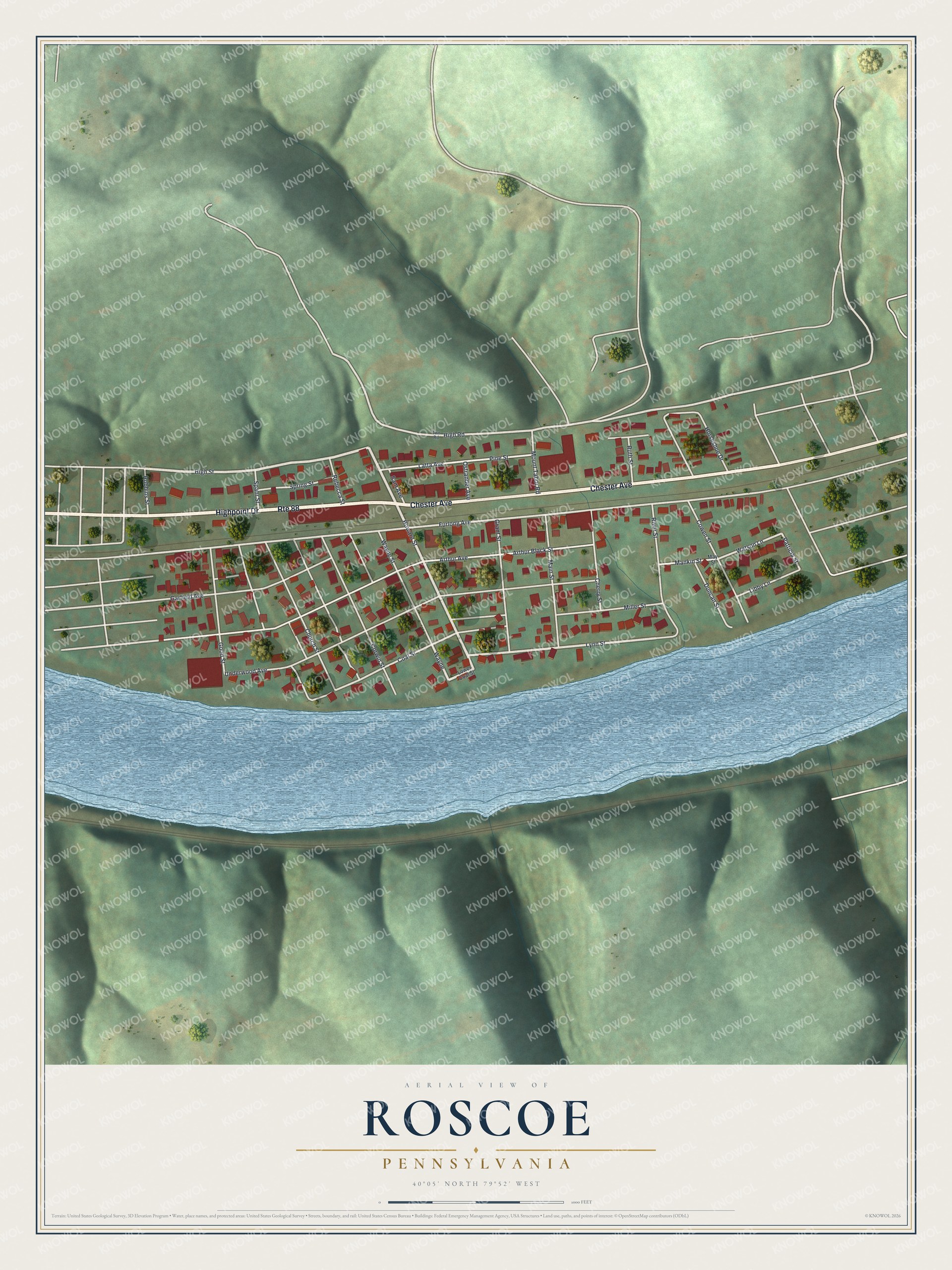 Full map of Roscoe, Pennsylvania, with red buildings, printed street names and the land around them