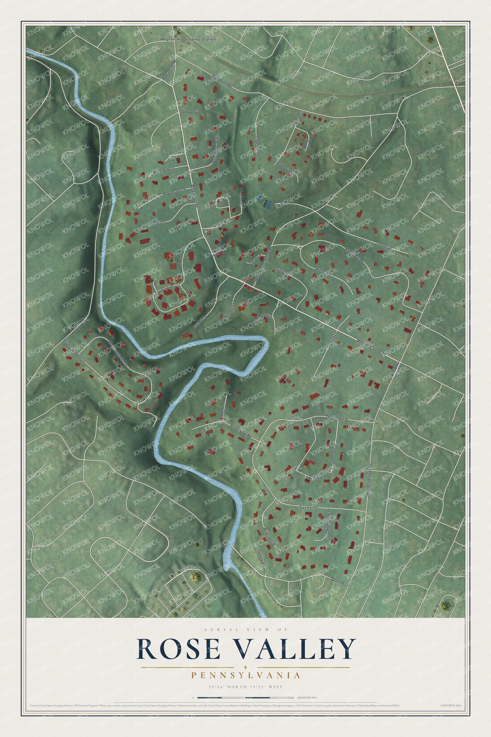 Full map of Rose Valley, Pennsylvania, with red buildings, printed street names and the land around them
