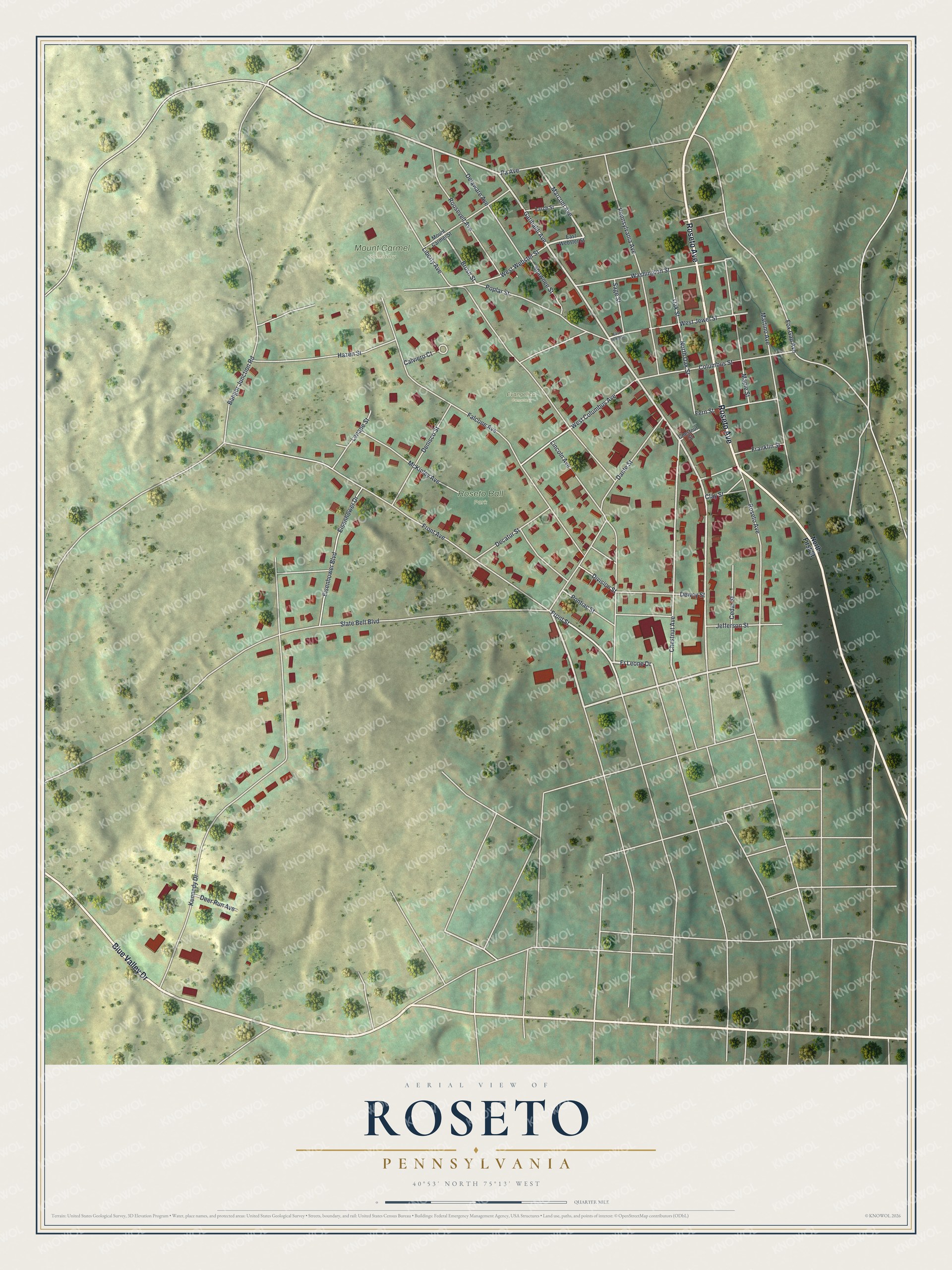 Full map of Roseto, Pennsylvania, with red buildings, printed street names and the land around them