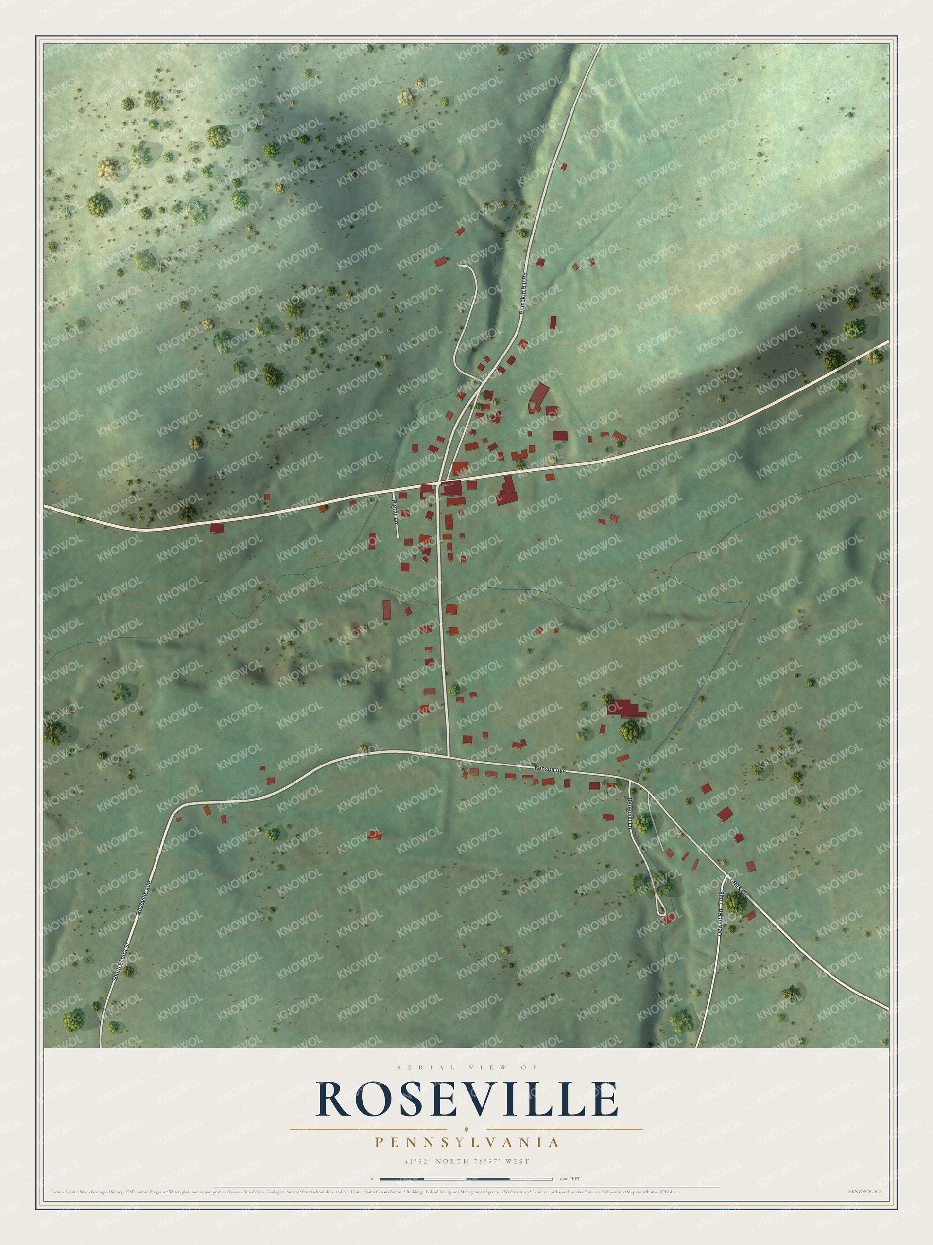 Full map of Roseville, Pennsylvania, with red buildings, printed street names and the land around them