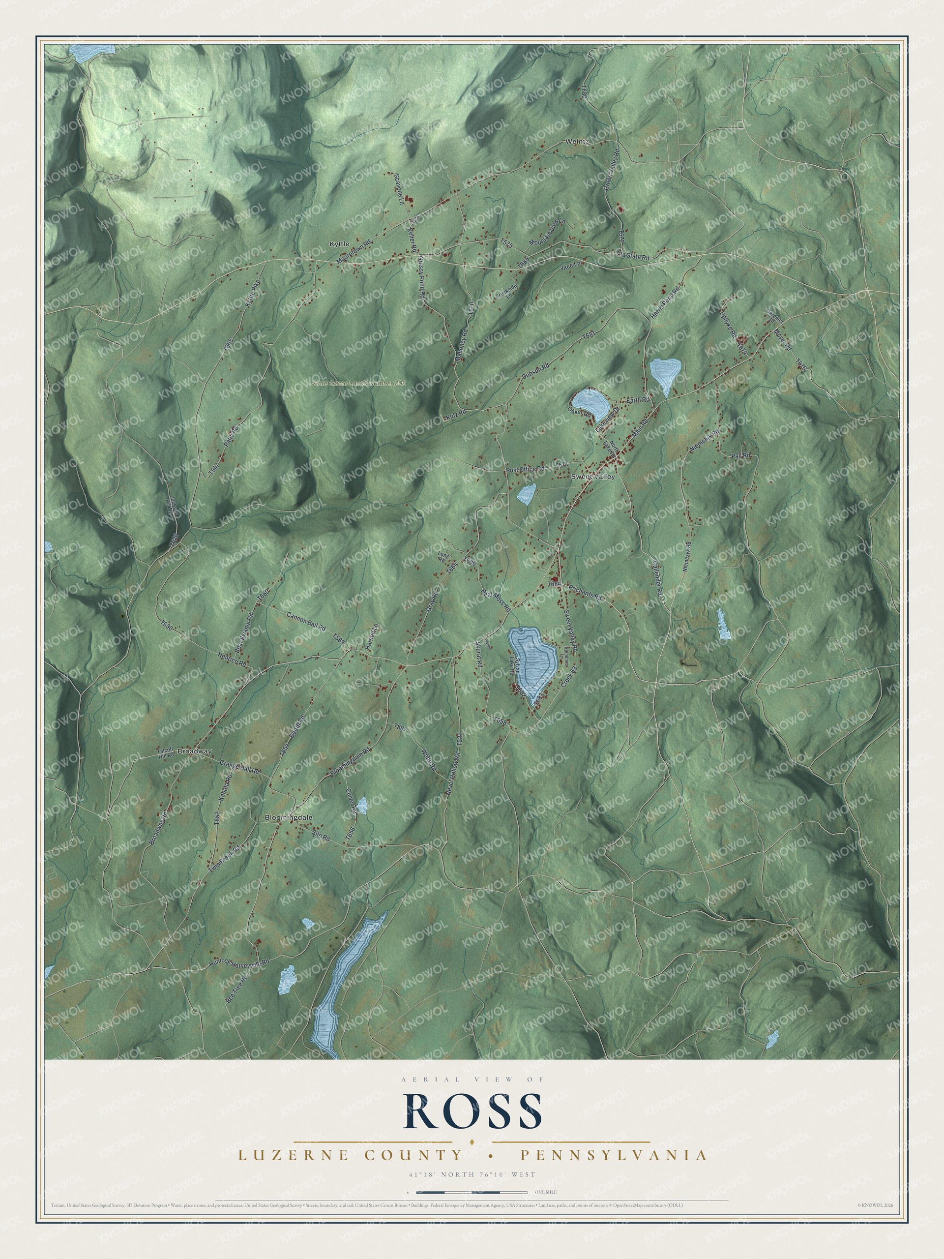 Full map of Ross, Luzerne County, Pennsylvania, with red buildings, printed street names and the land around them