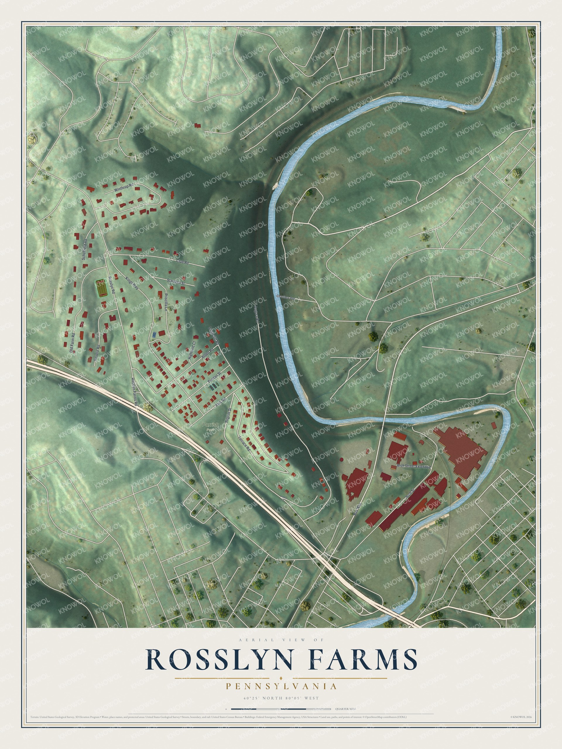 Full map of Rosslyn Farms, Pennsylvania, with red buildings, printed street names and the land around them