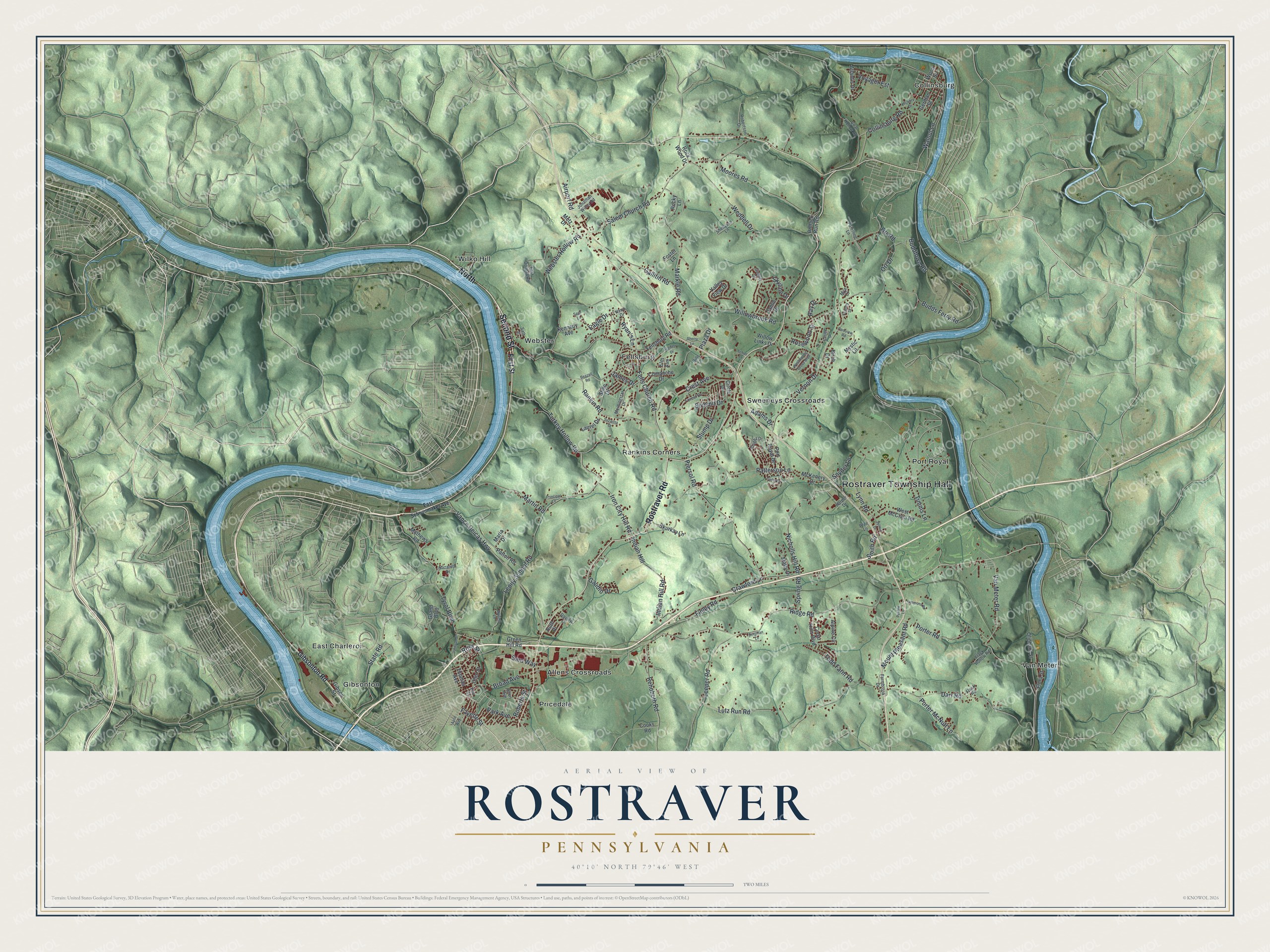 Full map of Rostraver, Pennsylvania, with red buildings, printed street names and the land around them