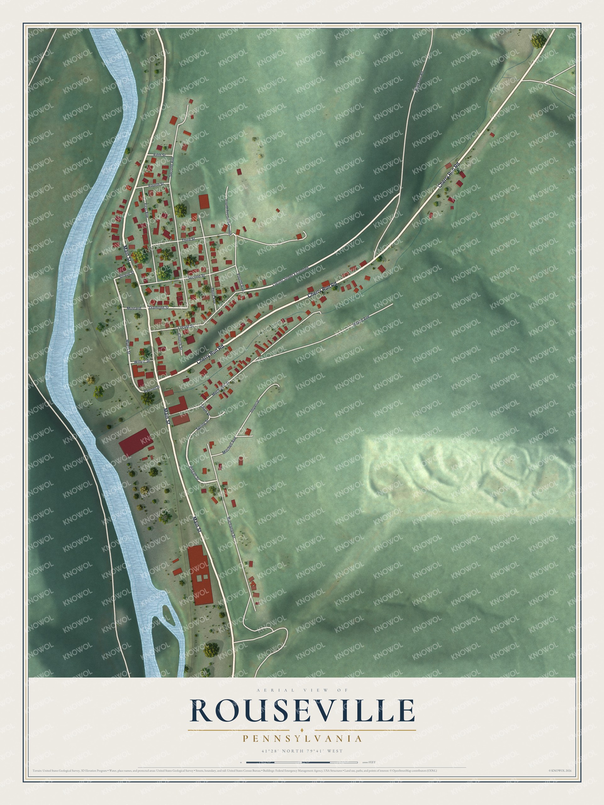 Full map of Rouseville, Pennsylvania, with red buildings, printed street names and the land around them