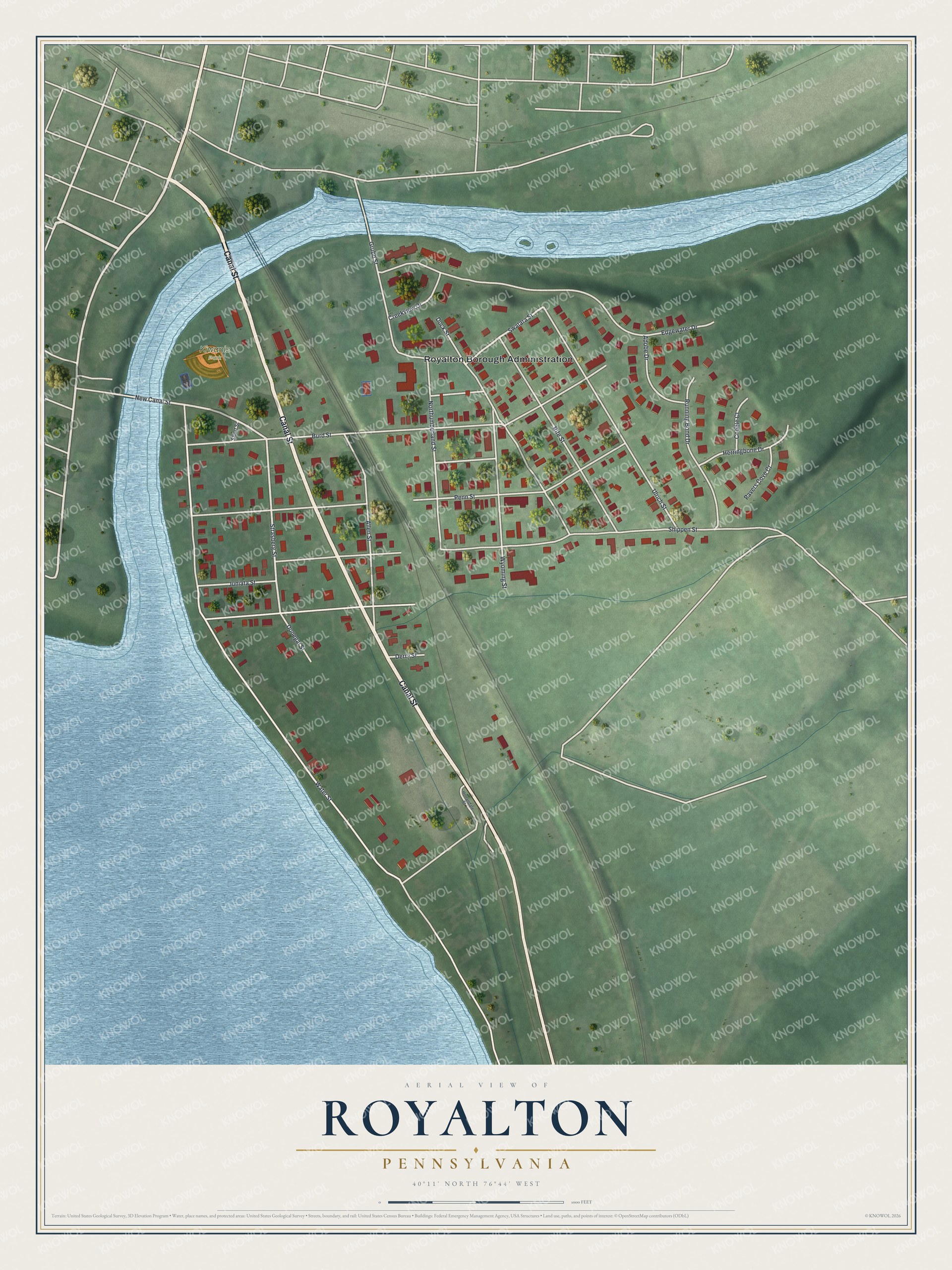 Full map of Royalton, Pennsylvania, with red buildings, printed street names and the land around them