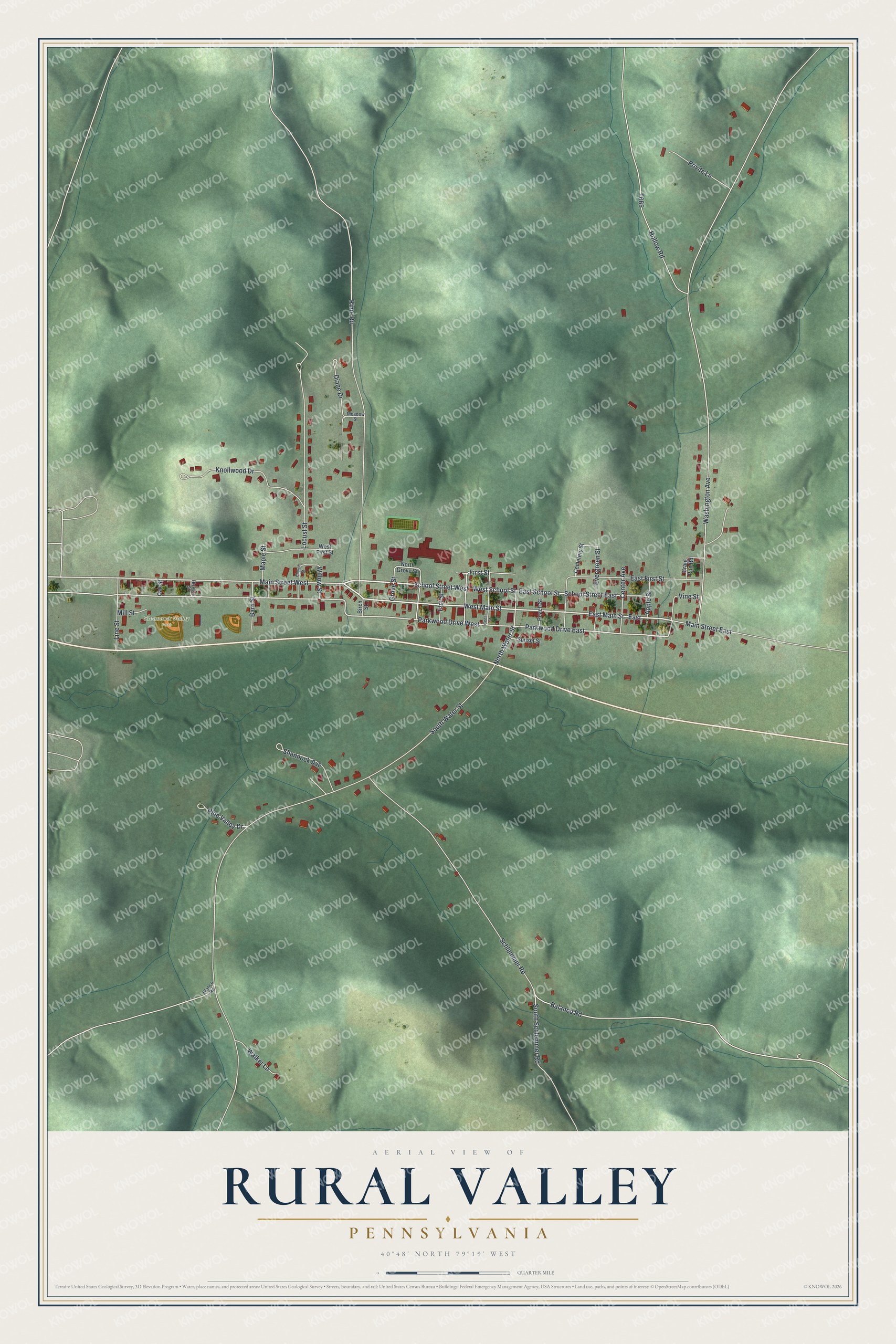 Full map of Rural Valley, Pennsylvania, with red buildings, printed street names and the land around them