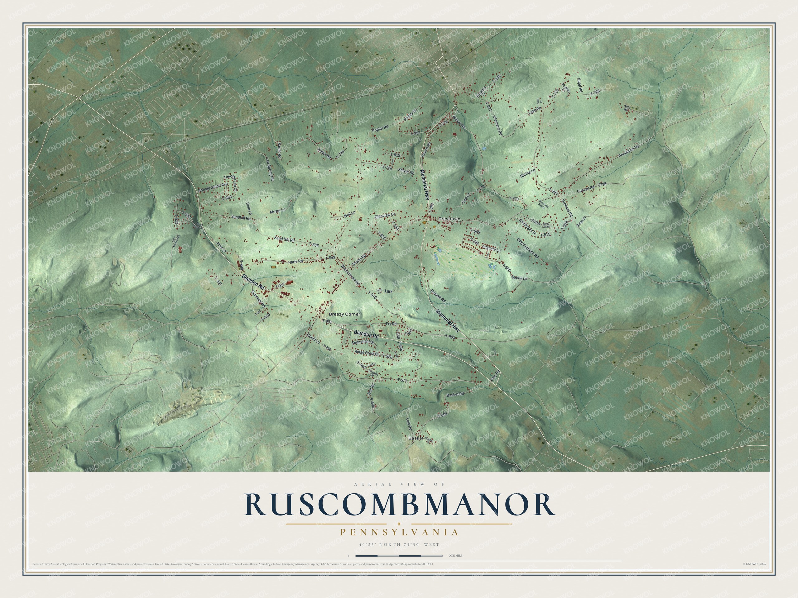 Full map of Ruscombmanor, Pennsylvania, with red buildings, printed street names and the land around them