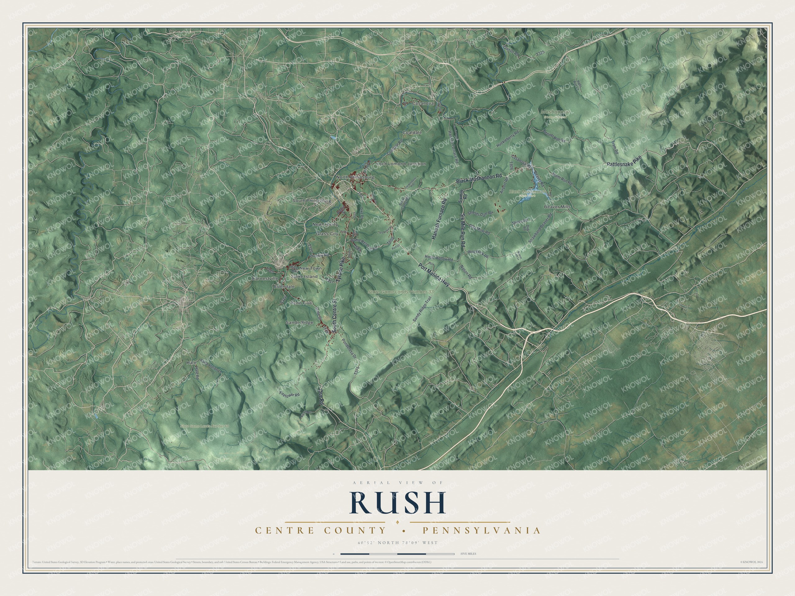 Full map of Rush, Centre County, Pennsylvania, with red buildings, printed street names and the land around them