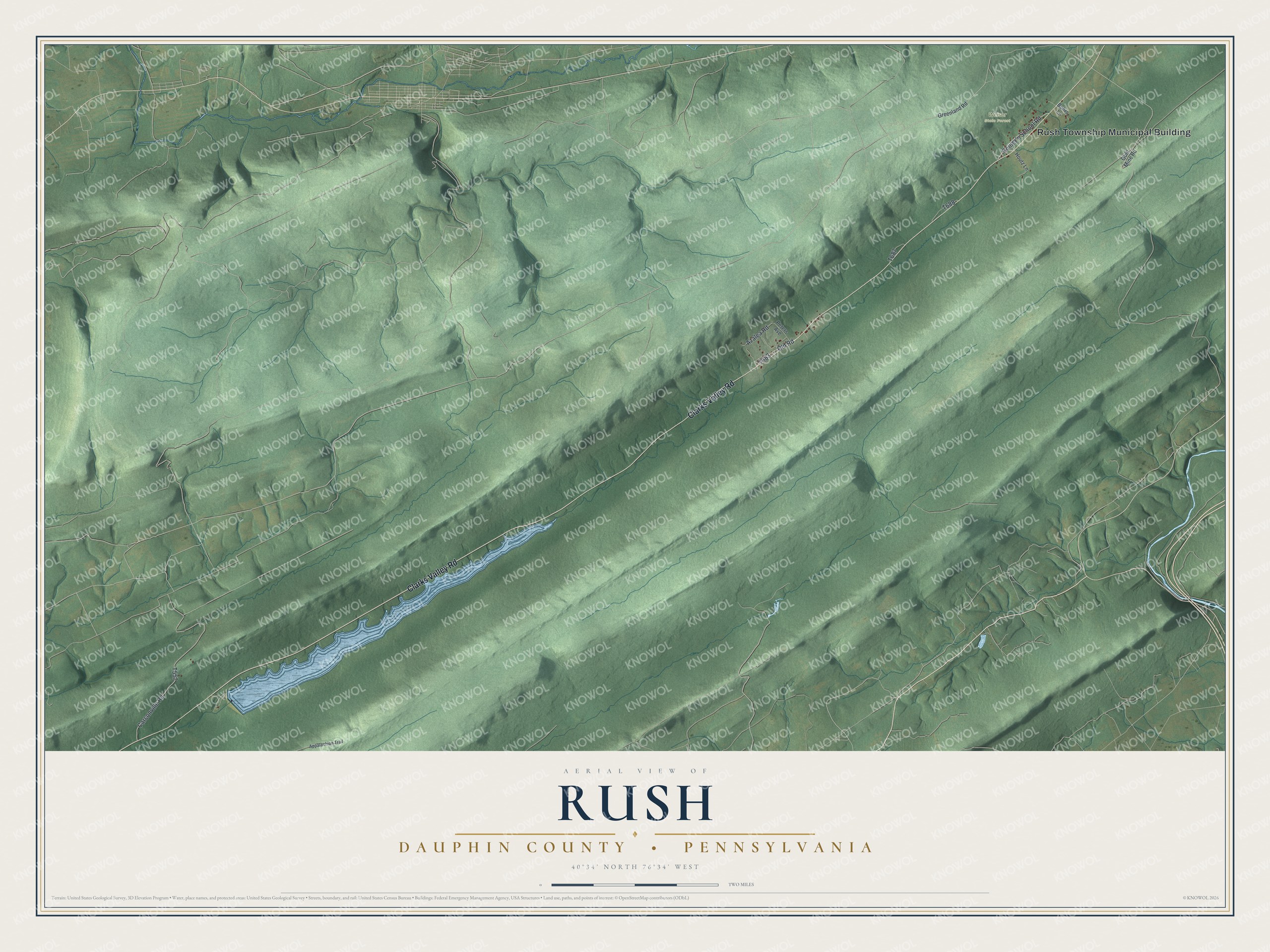 Full map of Rush, Dauphin County, Pennsylvania, with red buildings, printed street names and the land around them
