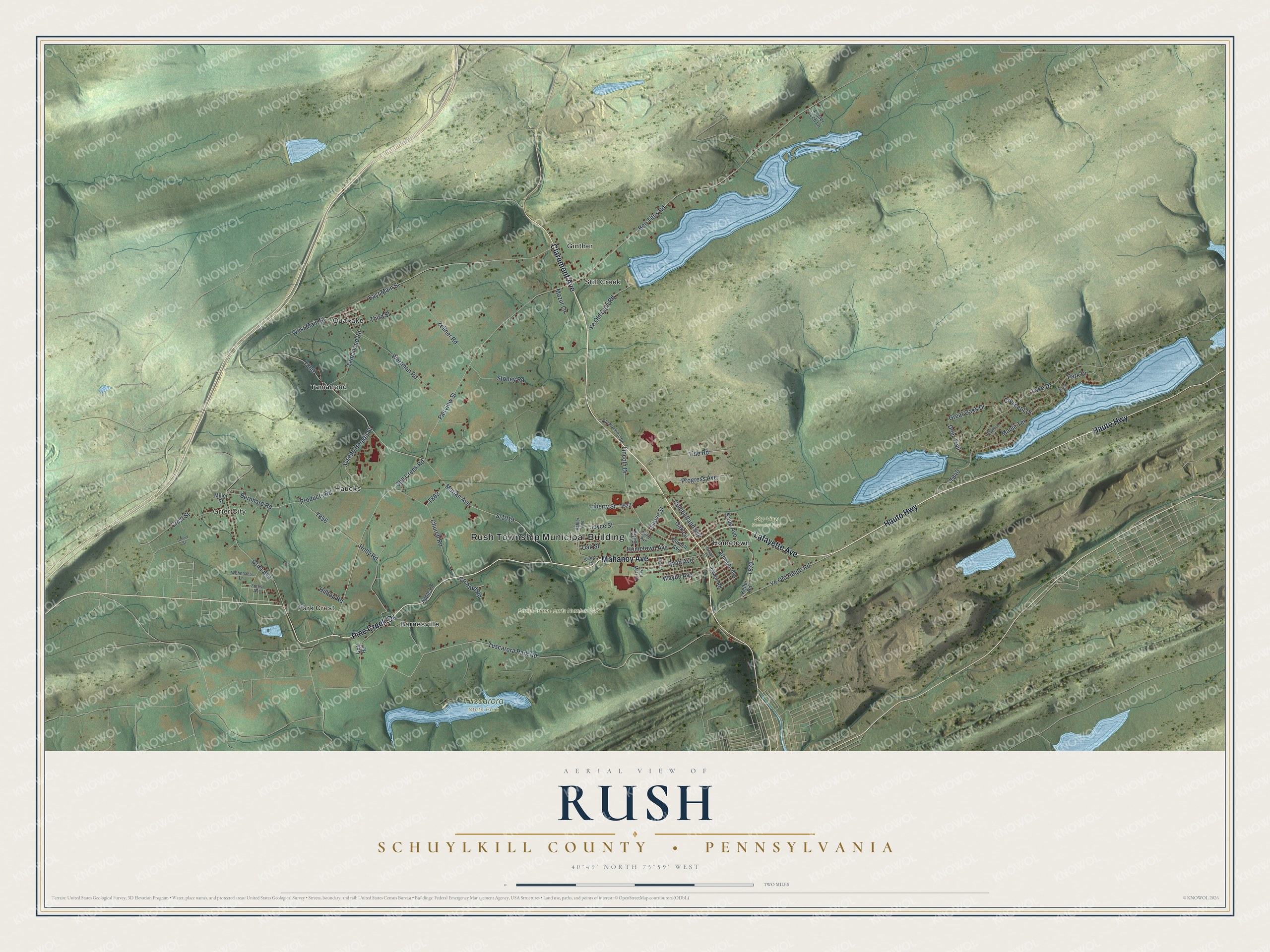 Full map of Rush, Schuylkill County, Pennsylvania, with red buildings, printed street names and the land around them