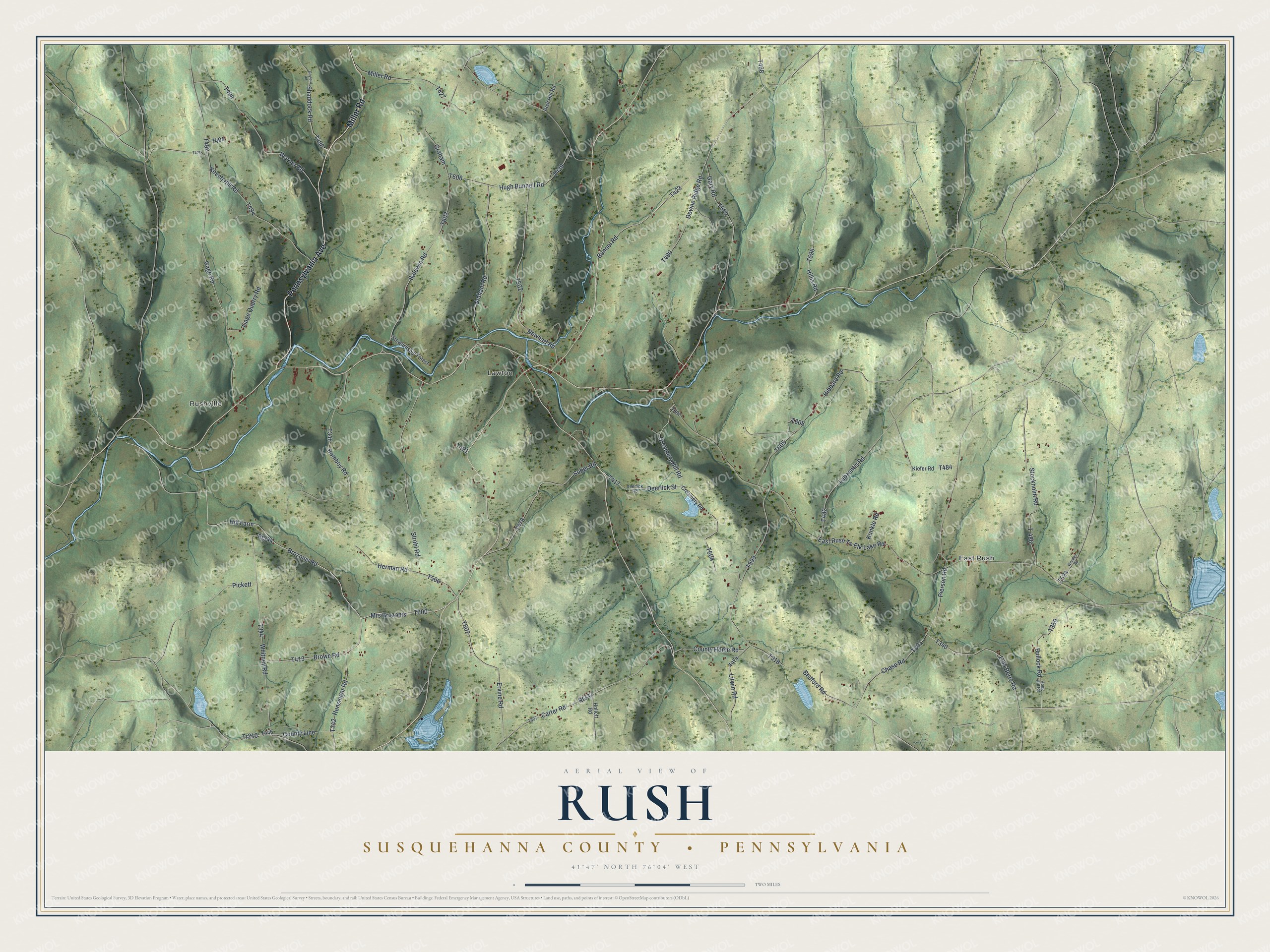 Full map of Rush, Susquehanna County, Pennsylvania, with red buildings, printed street names and the land around them
