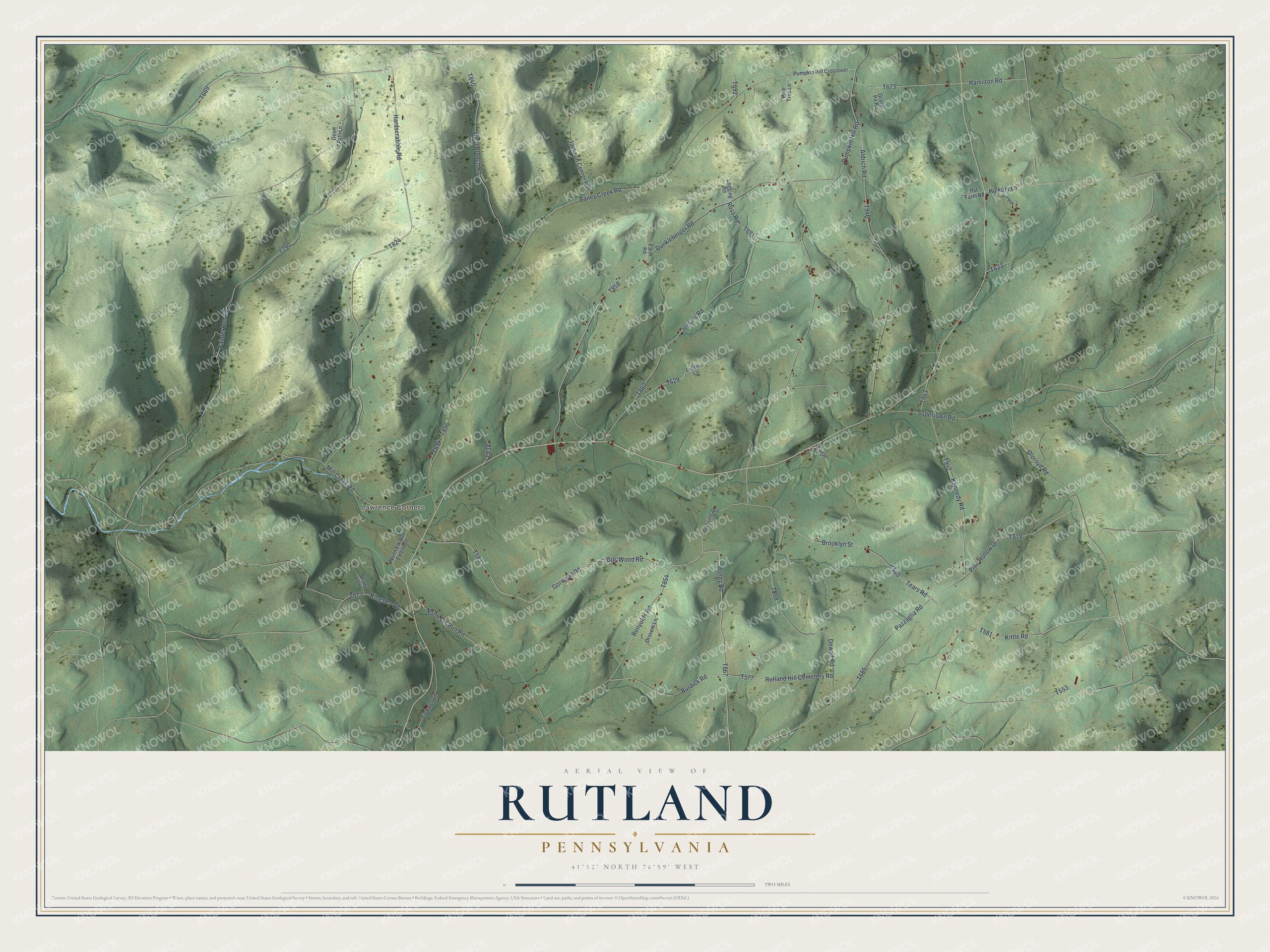 Full map of Rutland, Pennsylvania, with red buildings, printed street names and the land around them