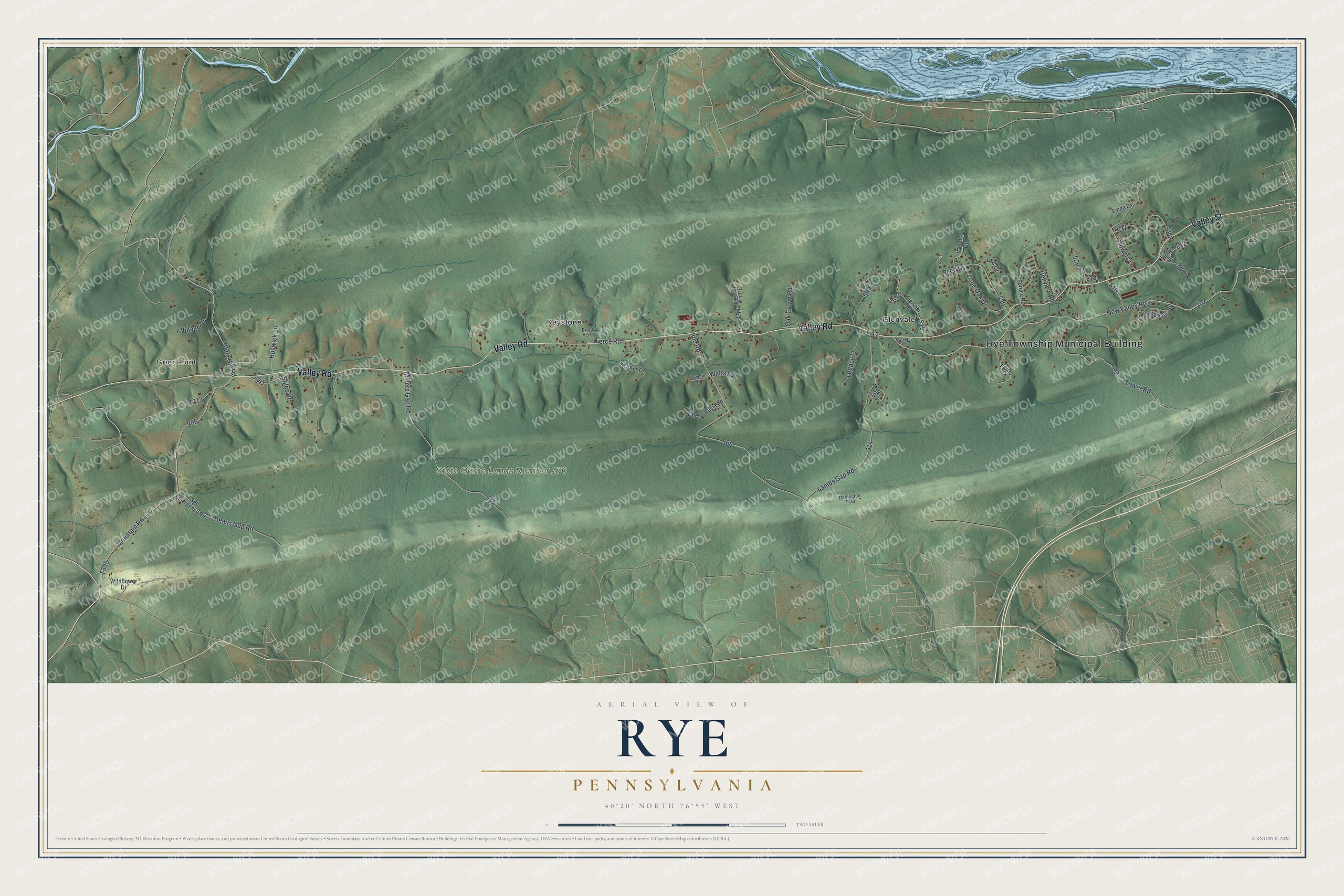 Full aerial map of Rye, Pennsylvania, with wooded green ridges, red buildings, pale blue water, and a cream title panel