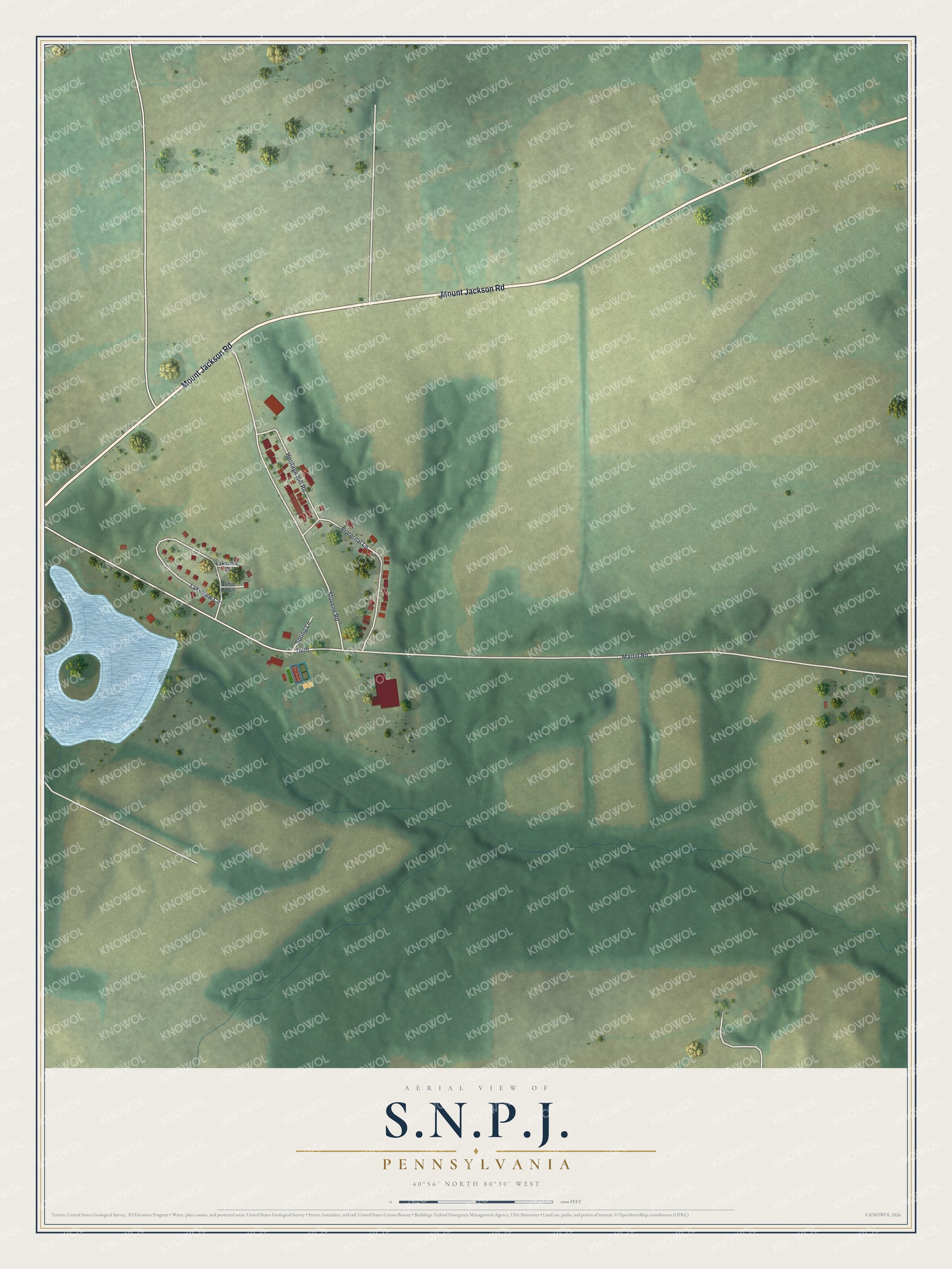 Full map of S.N.P.J., Pennsylvania, with red buildings, printed street names and the land around them