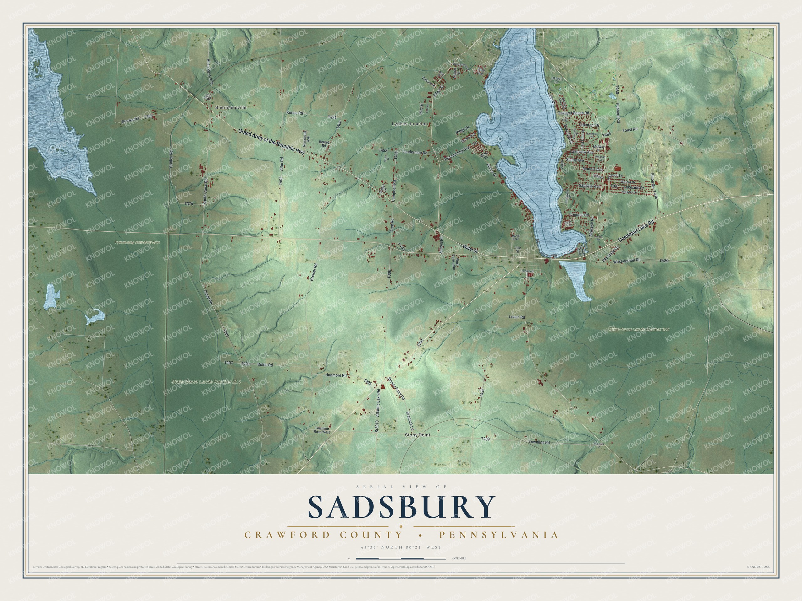 Full map of Sadsbury, Crawford County, Pennsylvania, with red buildings, printed street names and the land around them