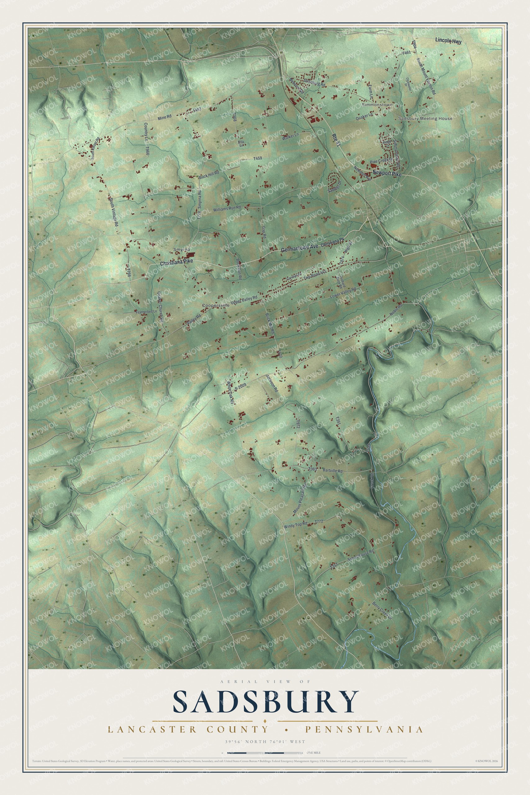 Full map of Sadsbury, Lancaster County, Pennsylvania, with red buildings, printed street names and the land around them