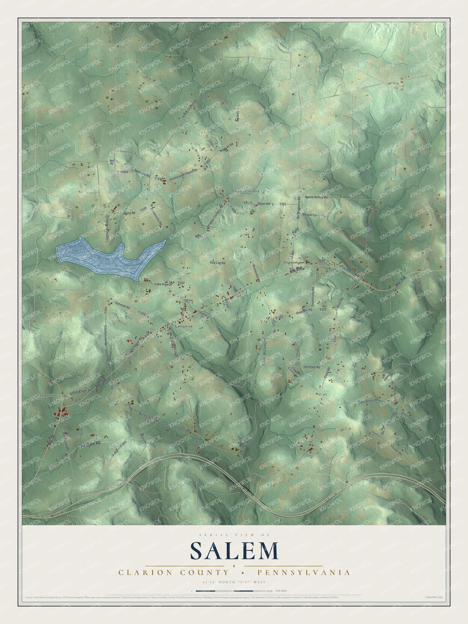 Full map of Salem, Clarion County, Pennsylvania, with red buildings, printed street names and the land around them