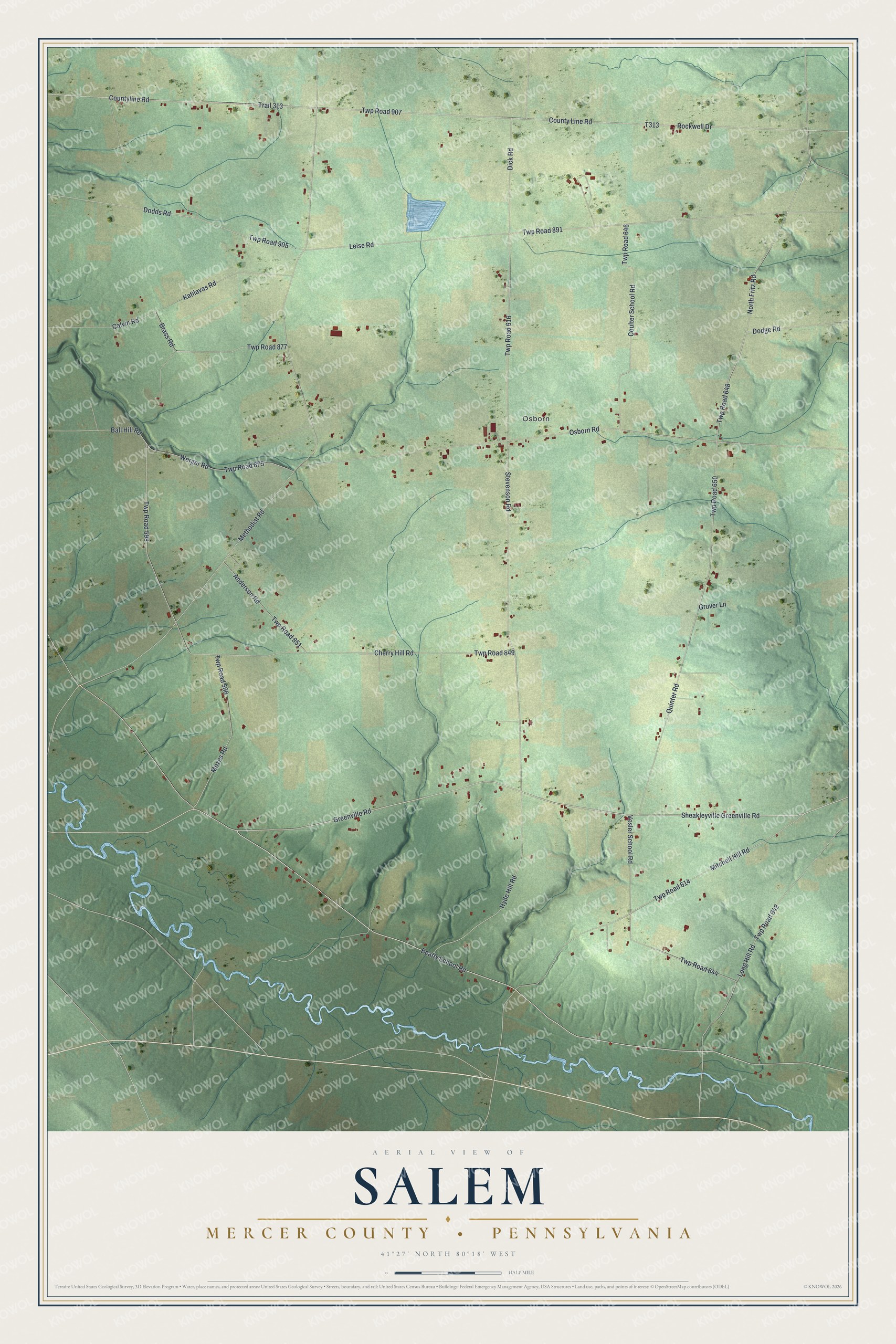 Full map of Salem, Mercer County, Pennsylvania, with red buildings, printed street names and the land around them