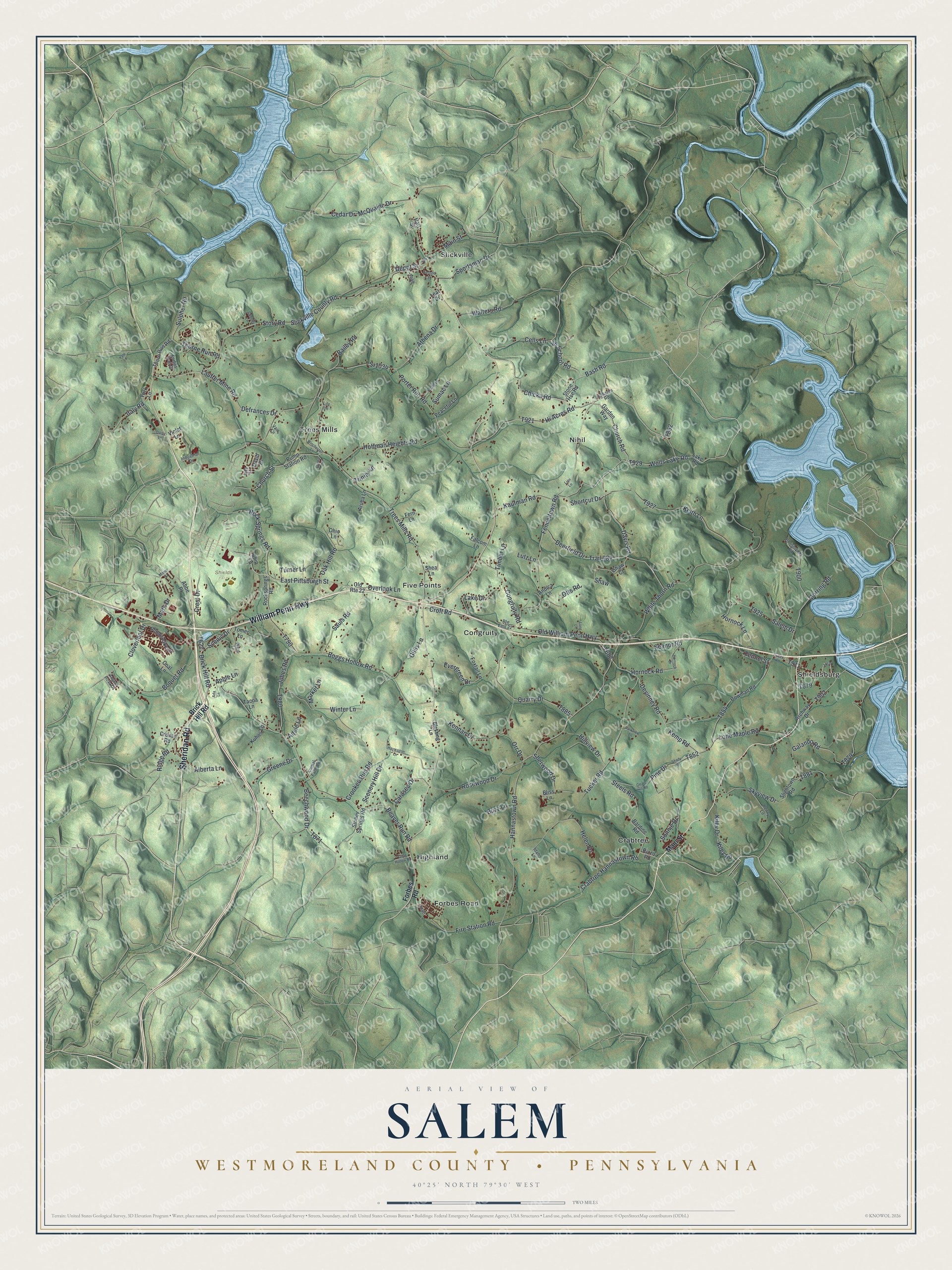 Full map of Salem, Westmoreland County, Pennsylvania, with red buildings, printed street names and the land around them
