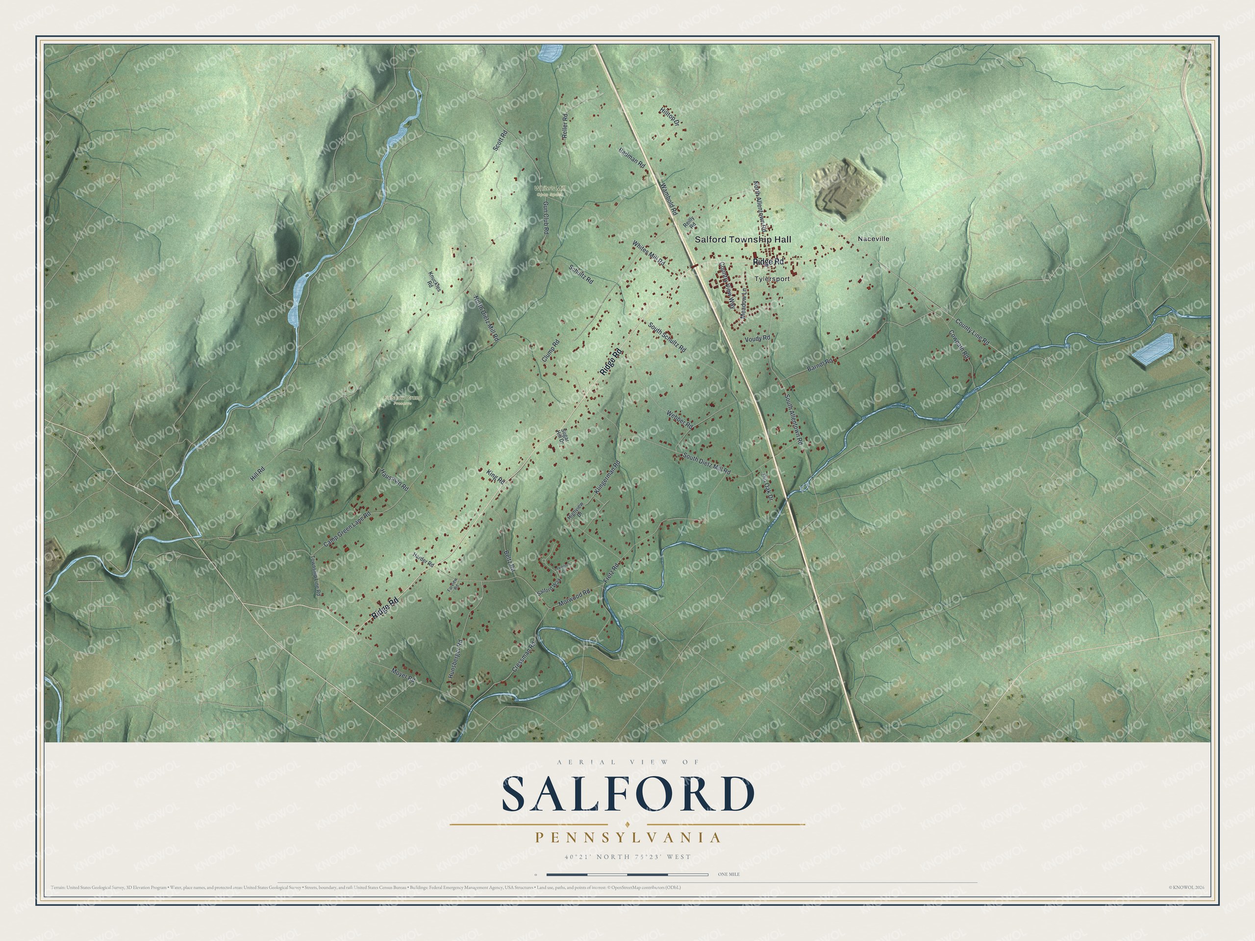 Full map of Salford, Pennsylvania, with red buildings, printed street names and the land around them