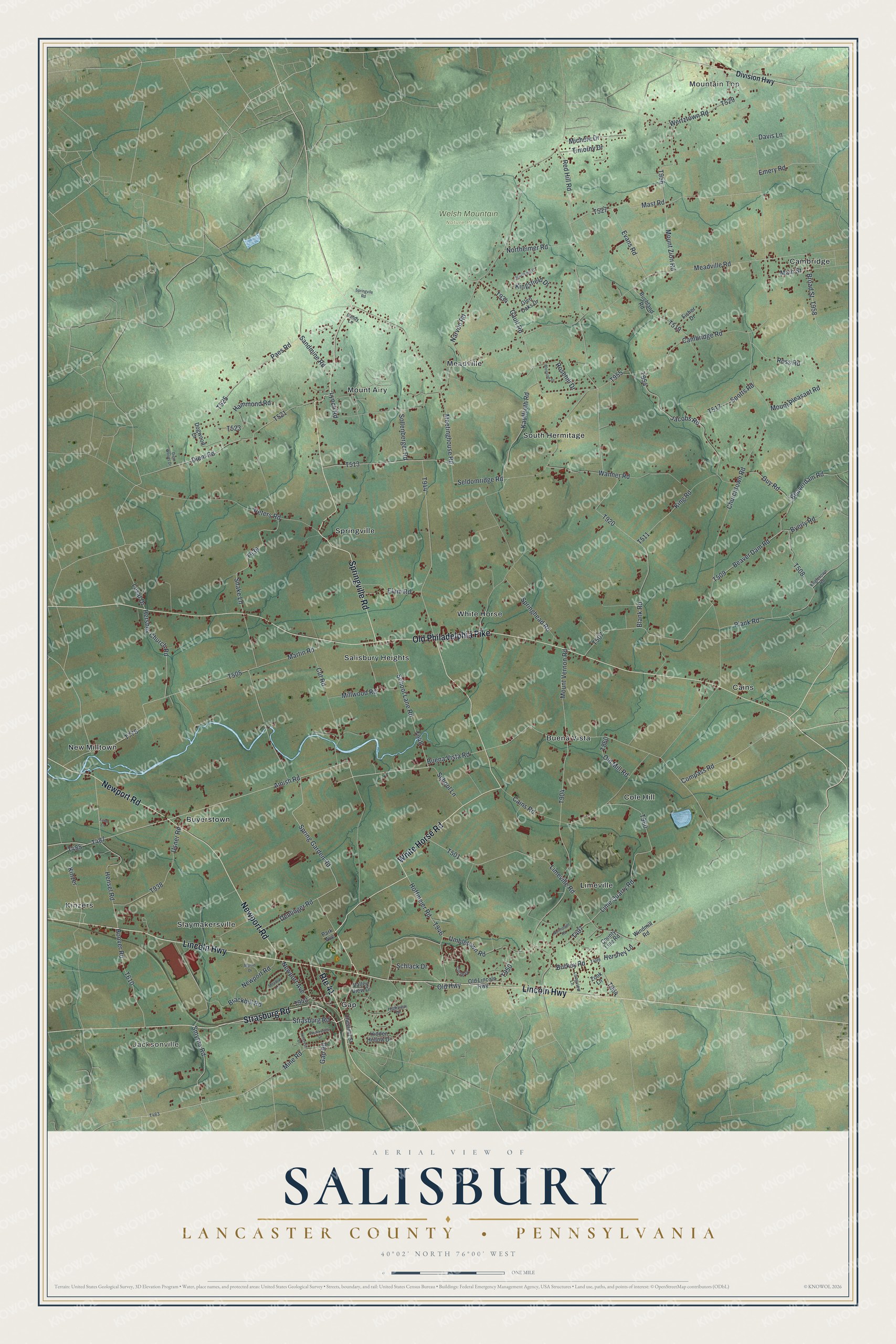 Full map of Salisbury, Lancaster County, Pennsylvania, with red buildings, printed street names and the land around them