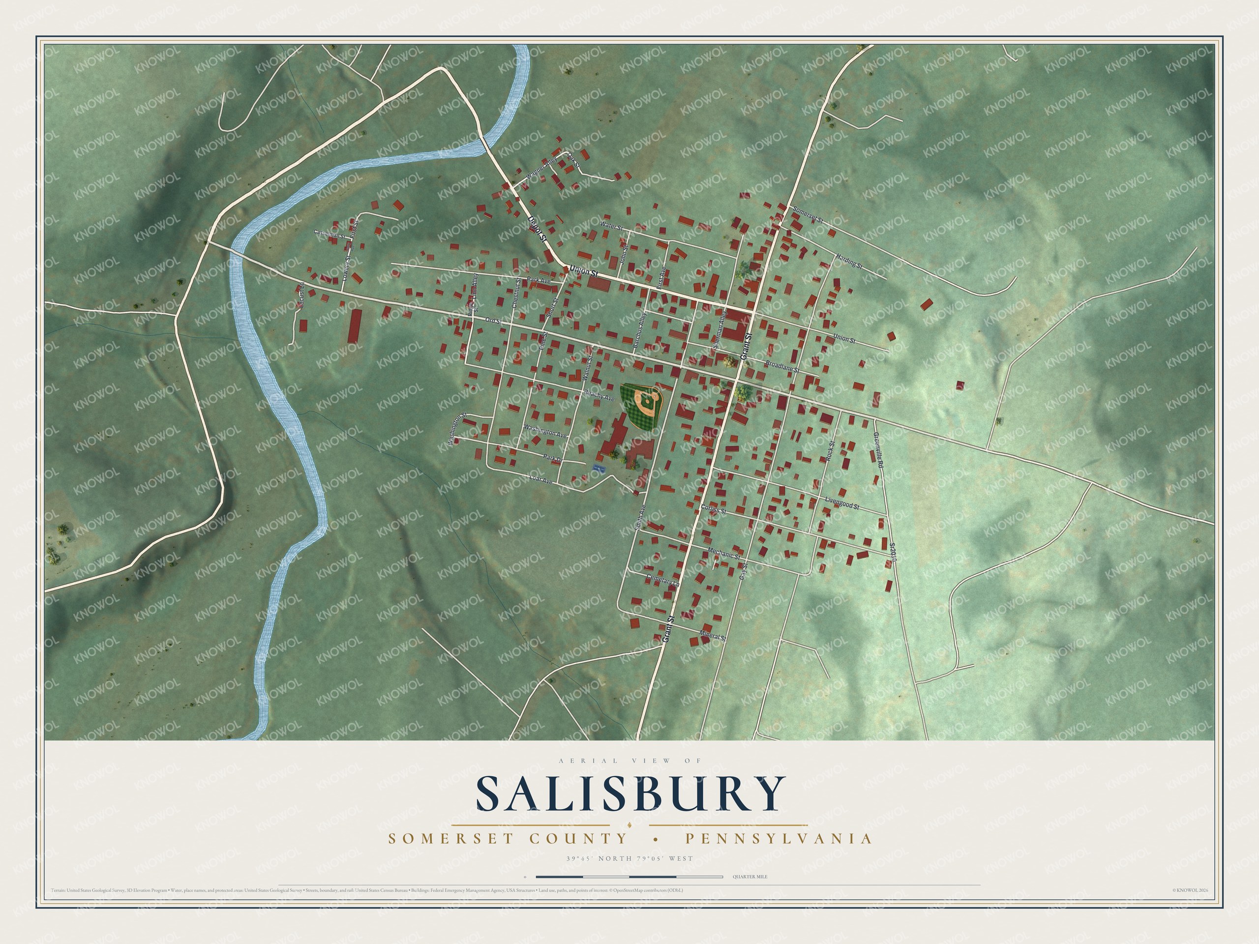 Full map of Salisbury, Somerset County, Pennsylvania, with red buildings, printed street names and the land around them
