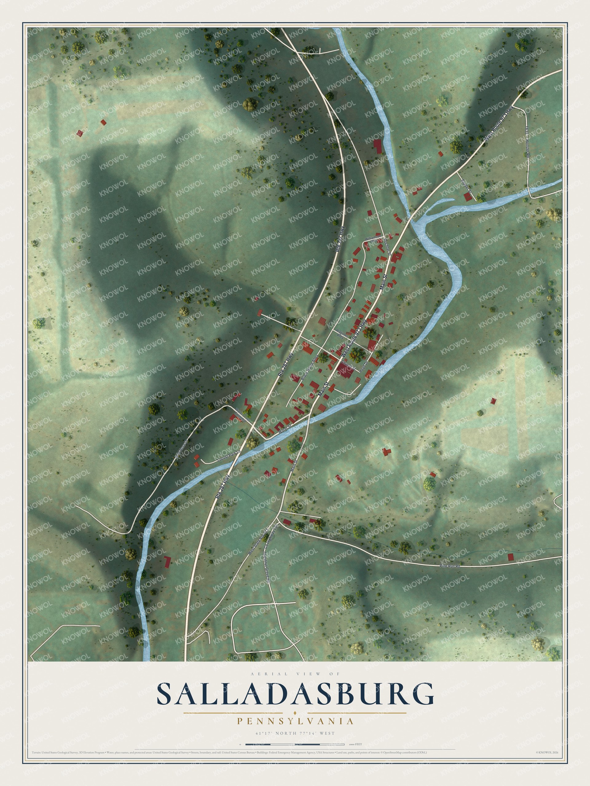 Full map of Salladasburg, Pennsylvania, with red buildings, printed street names and the land around them