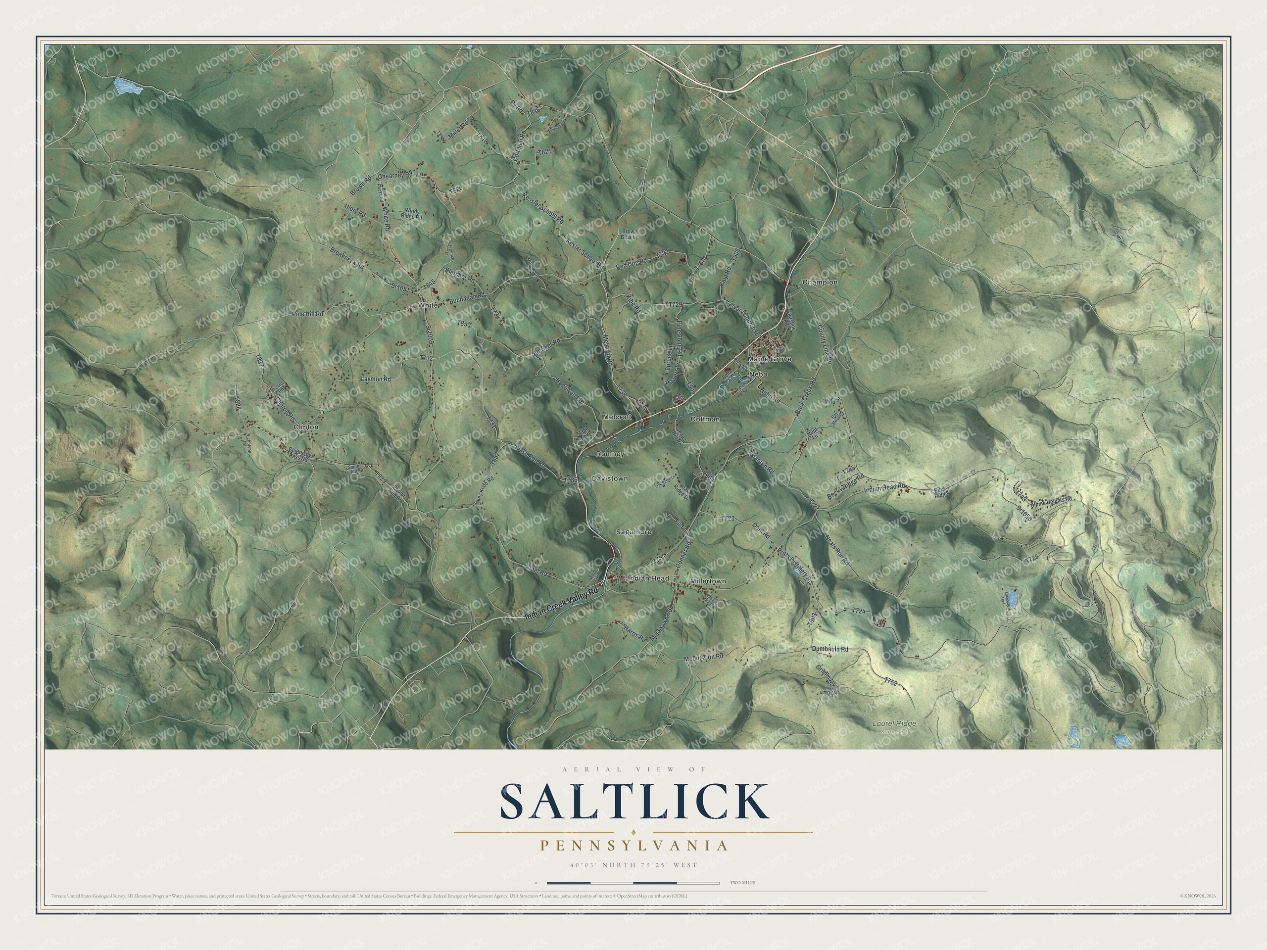 Full map of Saltlick, Pennsylvania, with red buildings, printed street names and the land around them