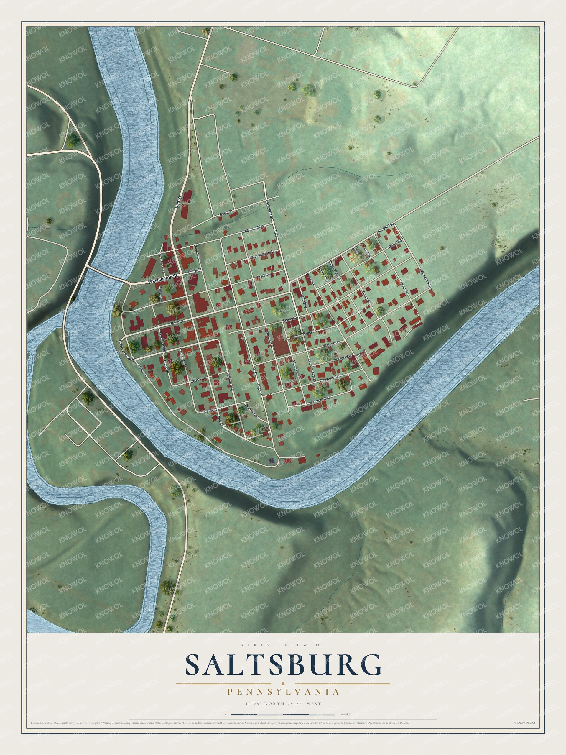 Full map of Saltsburg, Pennsylvania, with red buildings, printed street names and the land around them