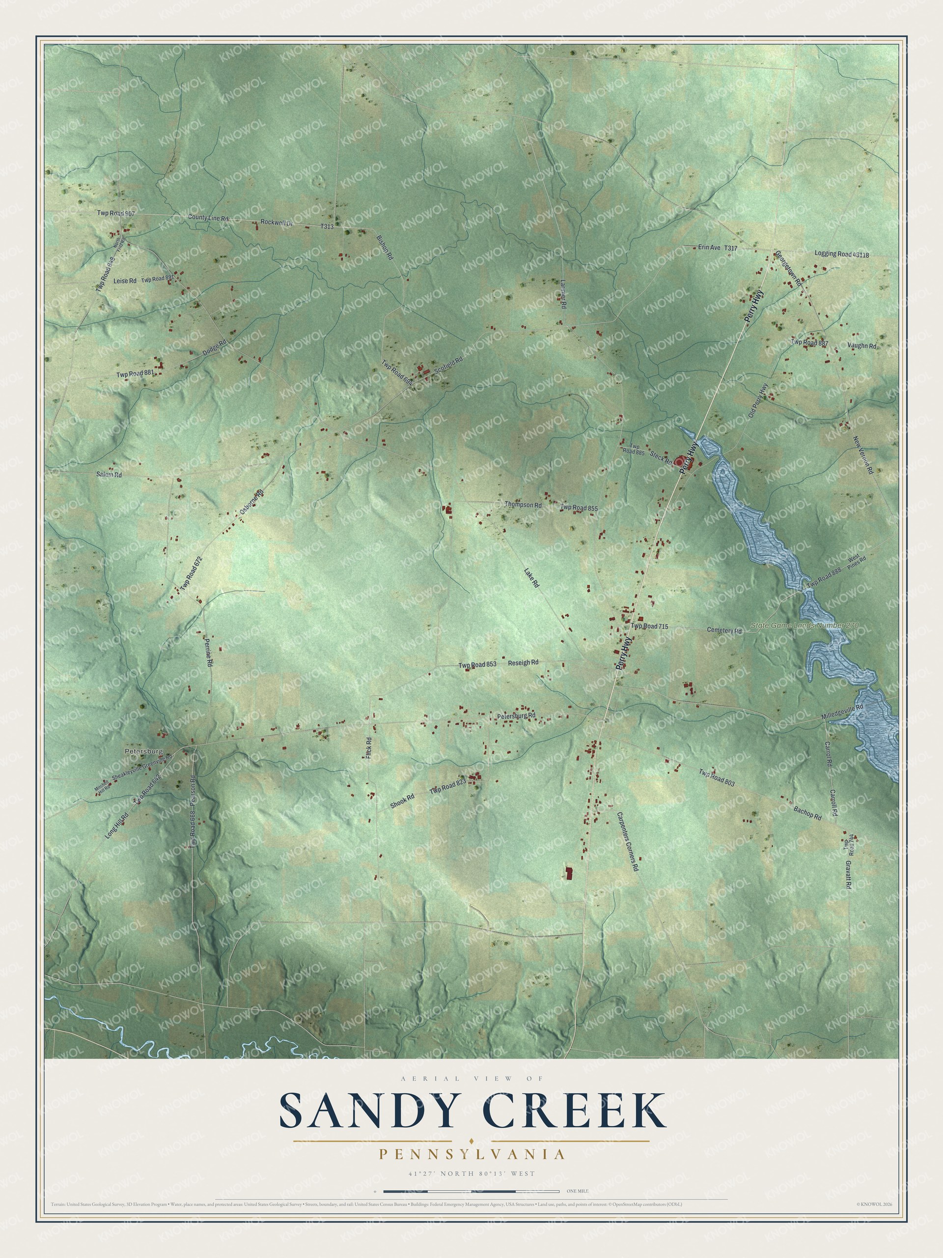 Full map of Sandy Creek, Pennsylvania, with red buildings, printed street names and the land around them