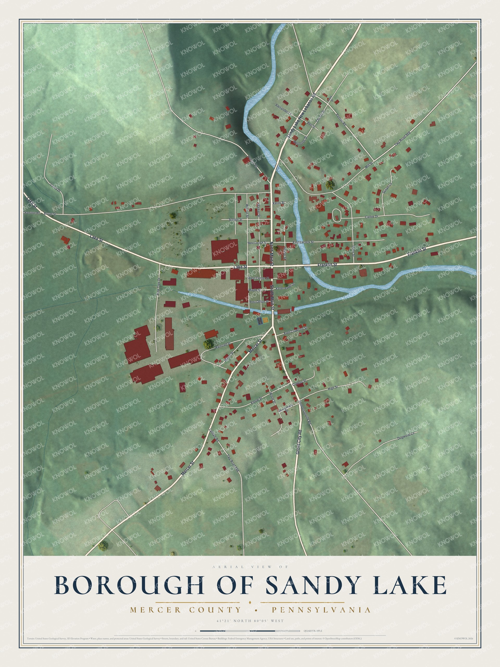 Full map of Sandy Lake Borough, Pennsylvania, with red buildings, printed street names and the land around them