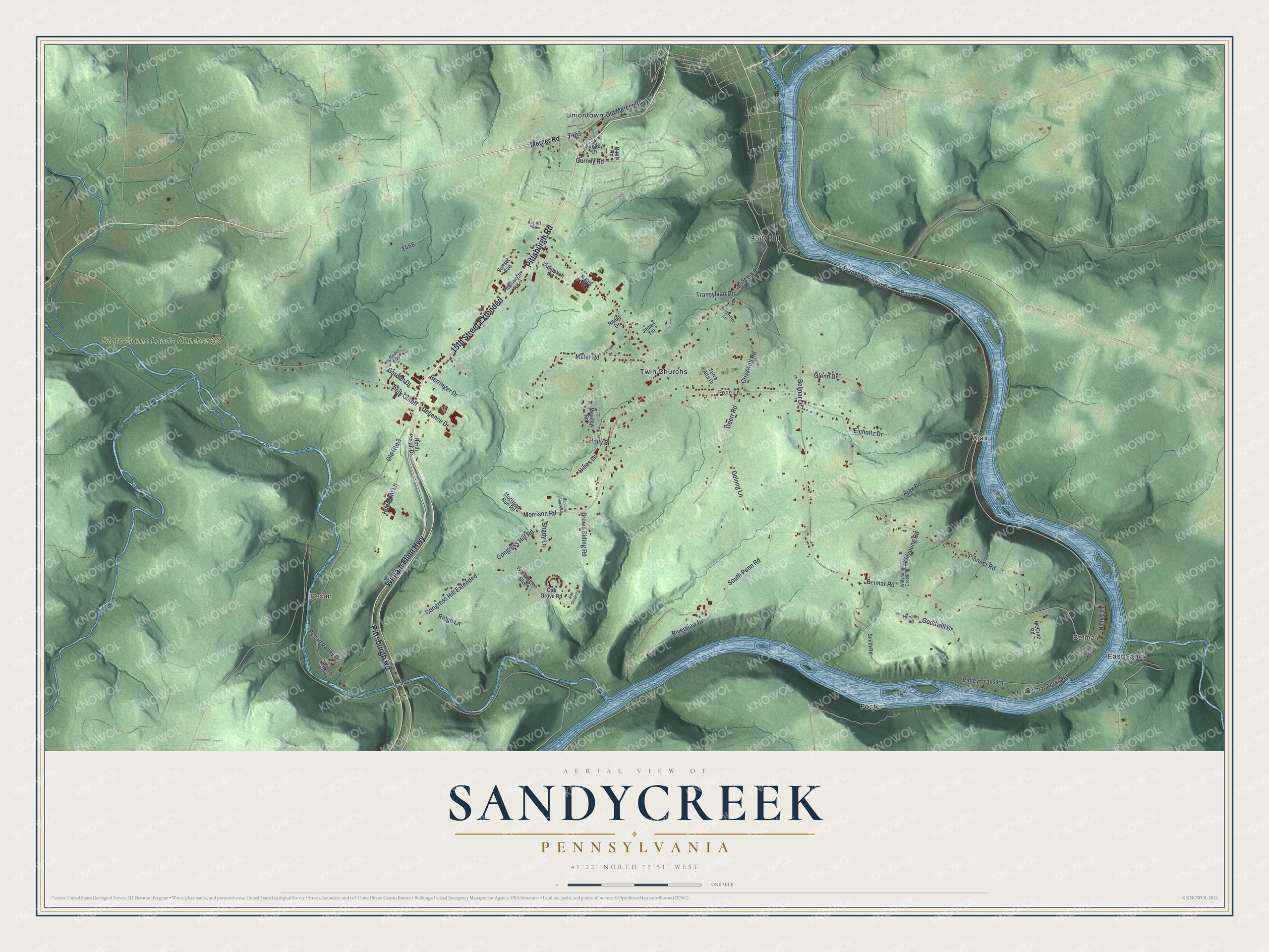 Full map of Sandycreek, Pennsylvania, with red buildings, printed street names and the land around them