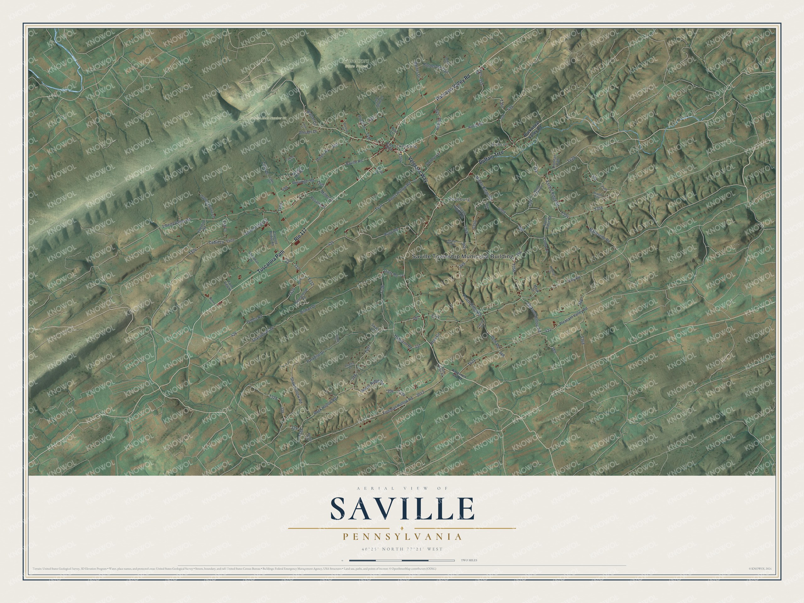 Full map of Saville, Pennsylvania, with red buildings, printed street names and the land around them